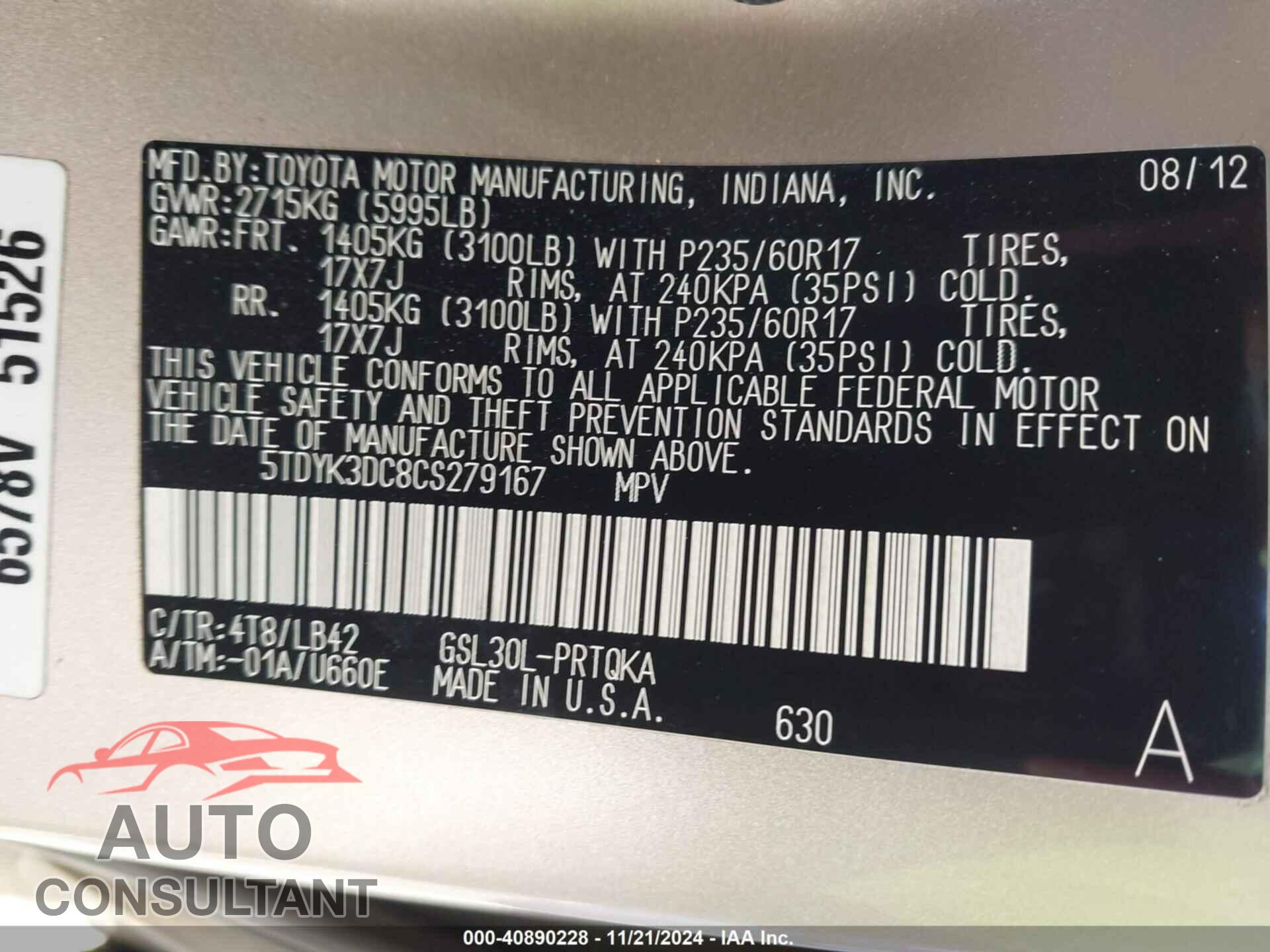 TOYOTA SIENNA 2012 - 5TDYK3DC8CS279167