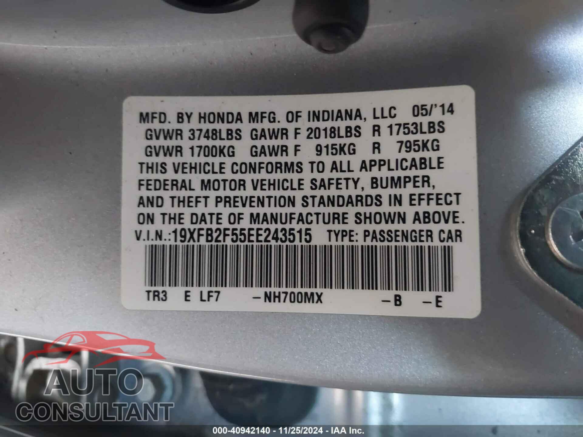 HONDA CIVIC 2014 - 19XFB2F55EE243515