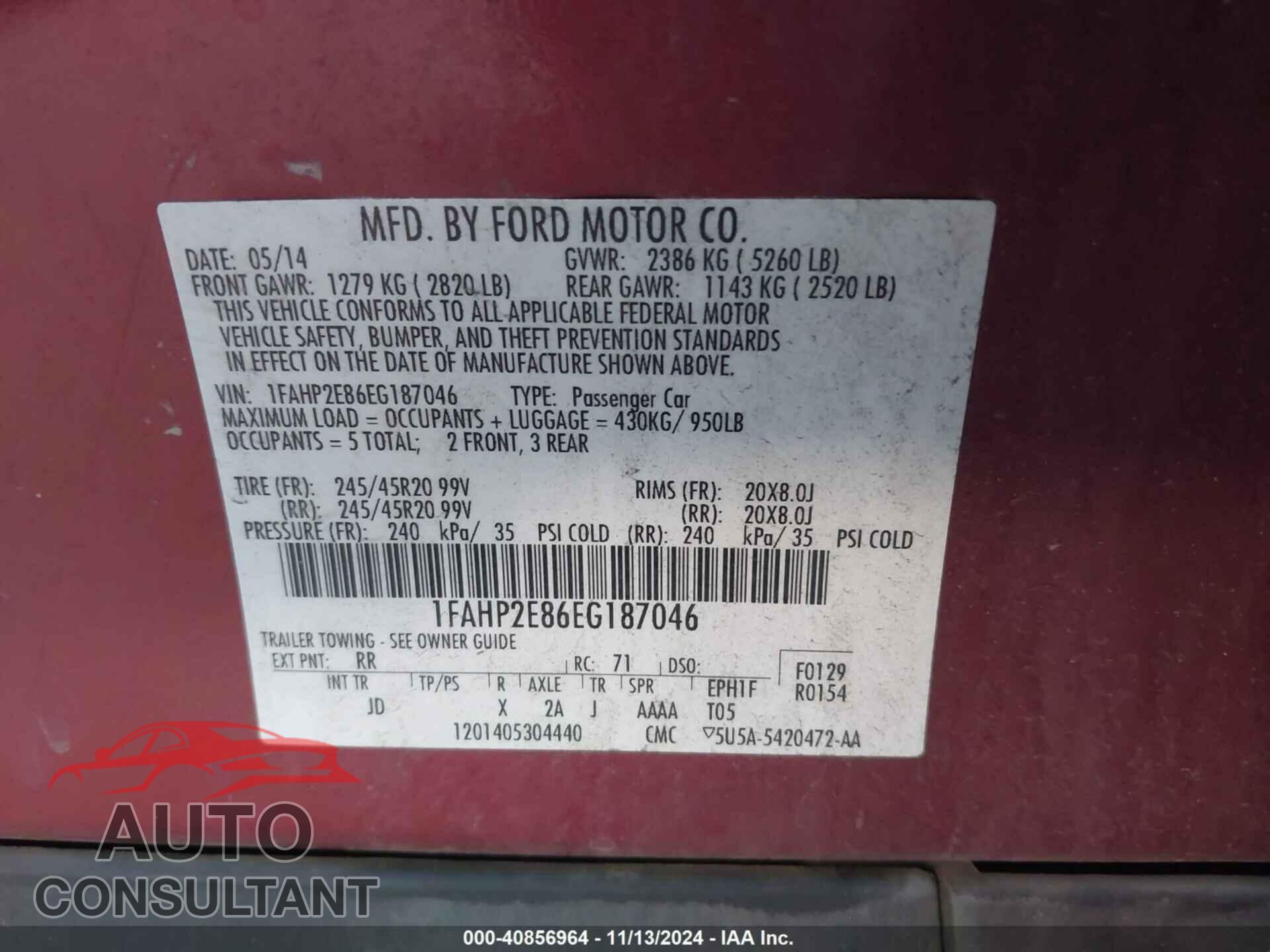 FORD TAURUS 2014 - 1FAHP2E86EG187046