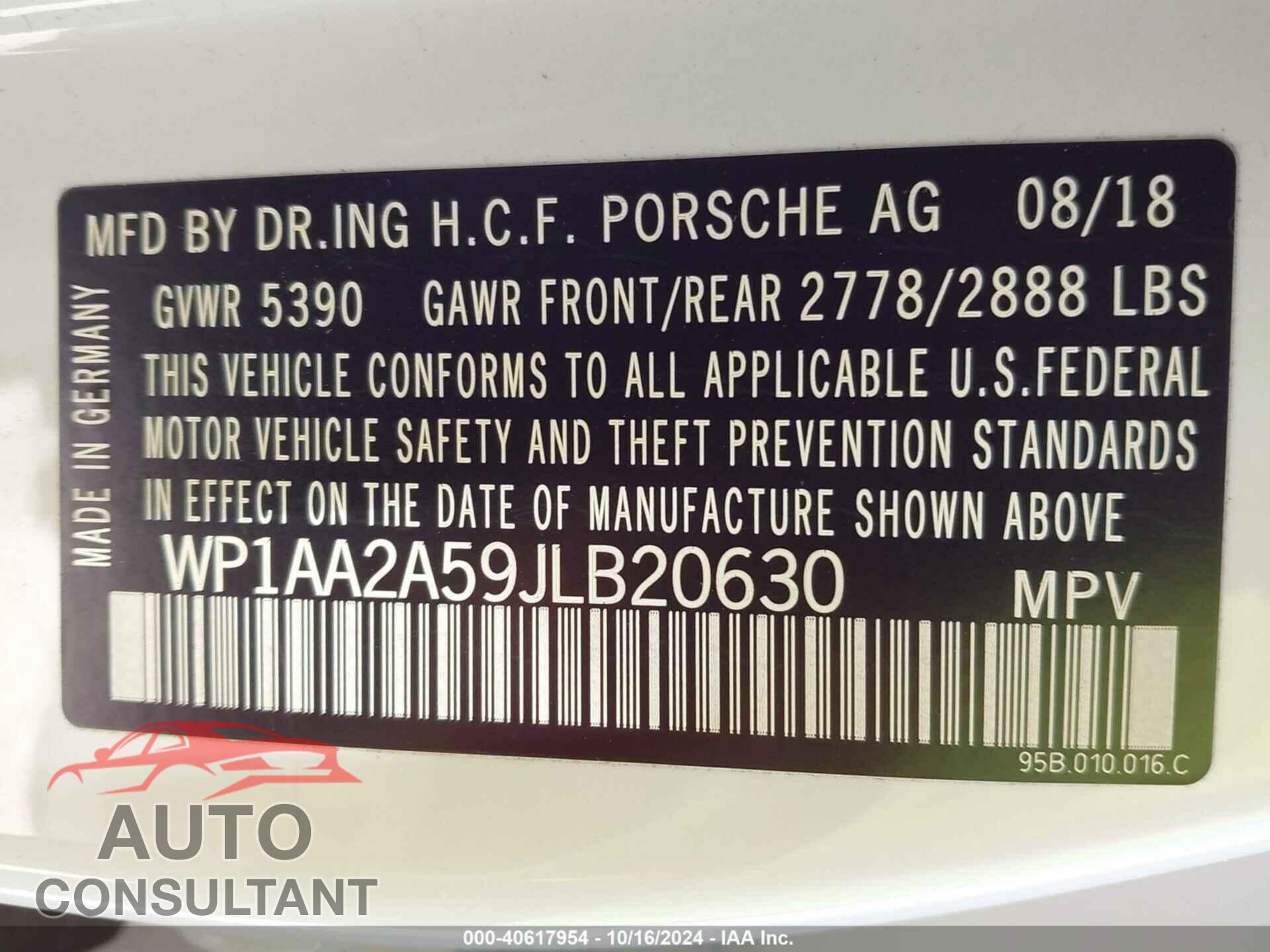 PORSCHE MACAN 2018 - WP1AA2A59JLB20630