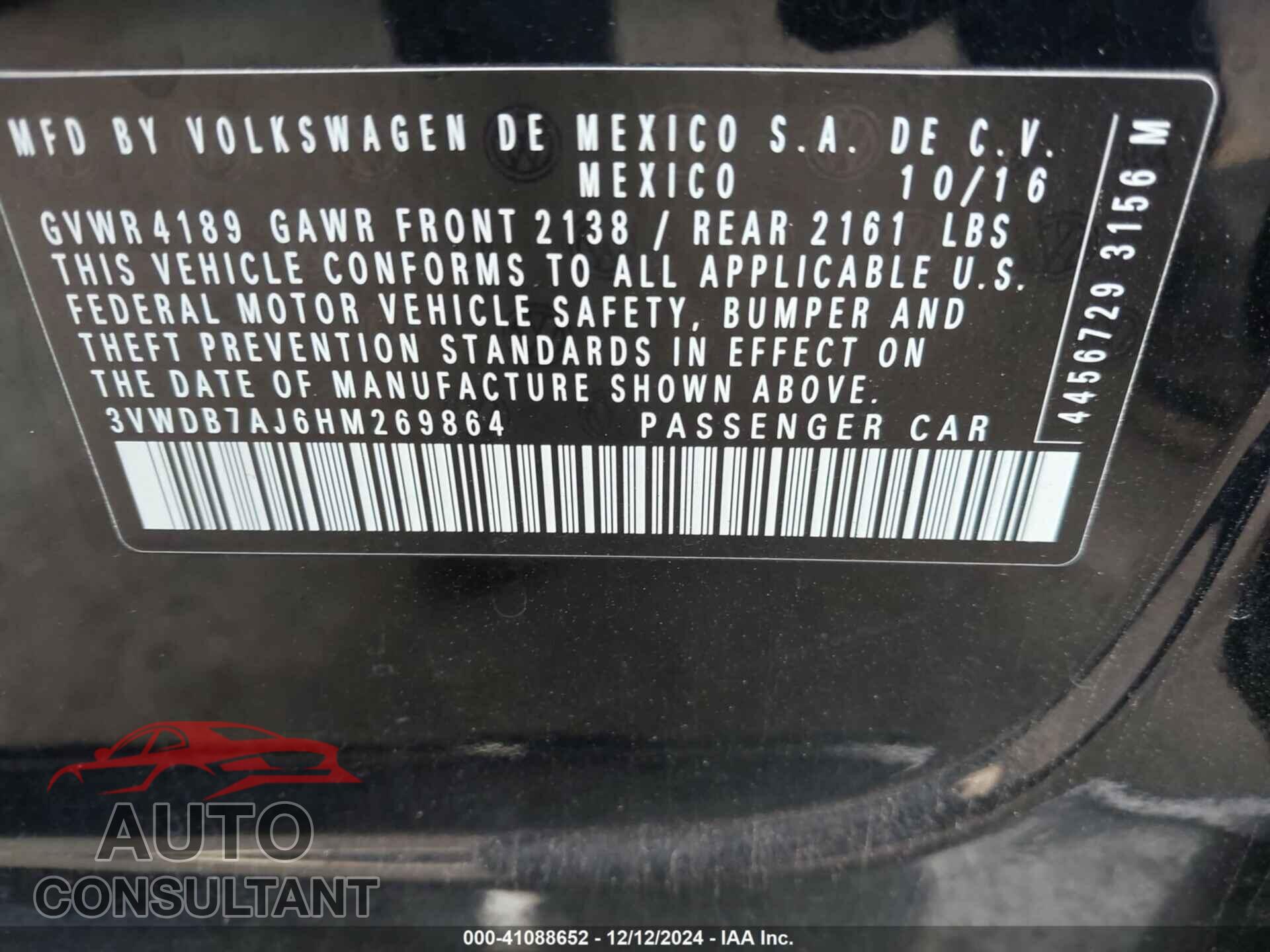 VOLKSWAGEN JETTA 2017 - 3VWDB7AJ6HM269864