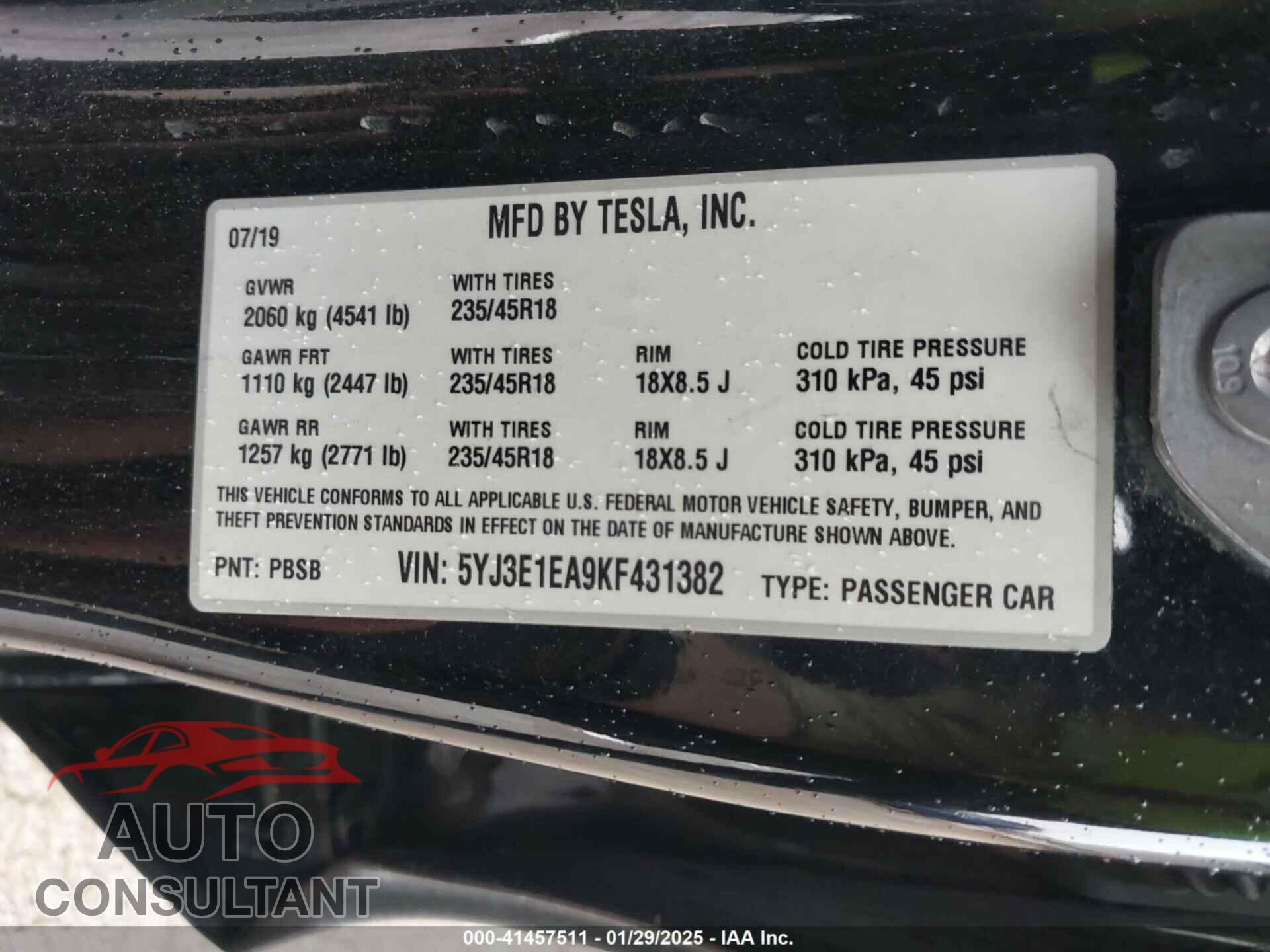 TESLA MODEL 3 2019 - 5YJ3E1EA9KF431382