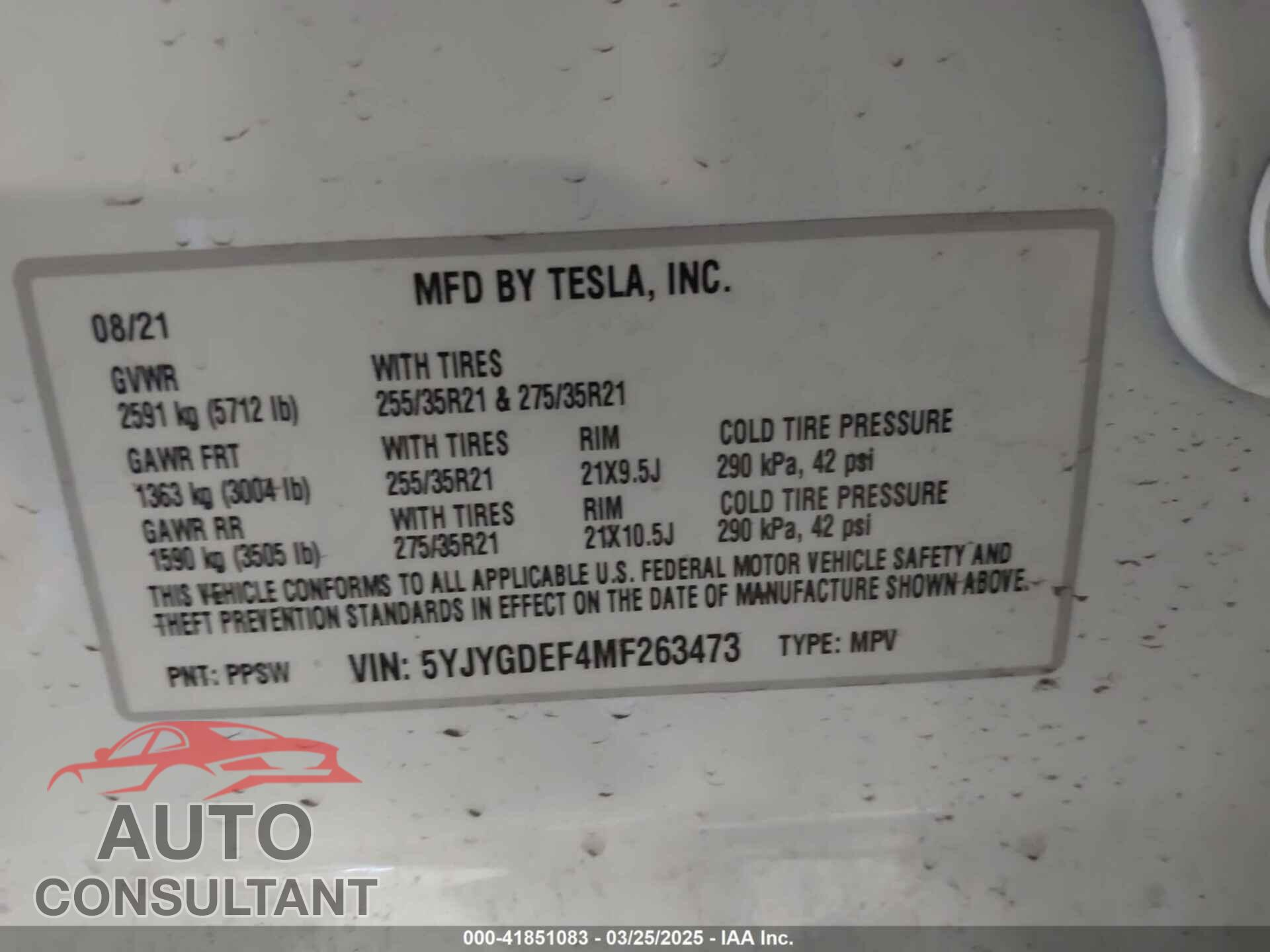TESLA MODEL Y 2021 - 5YJYGDEF4MF263473