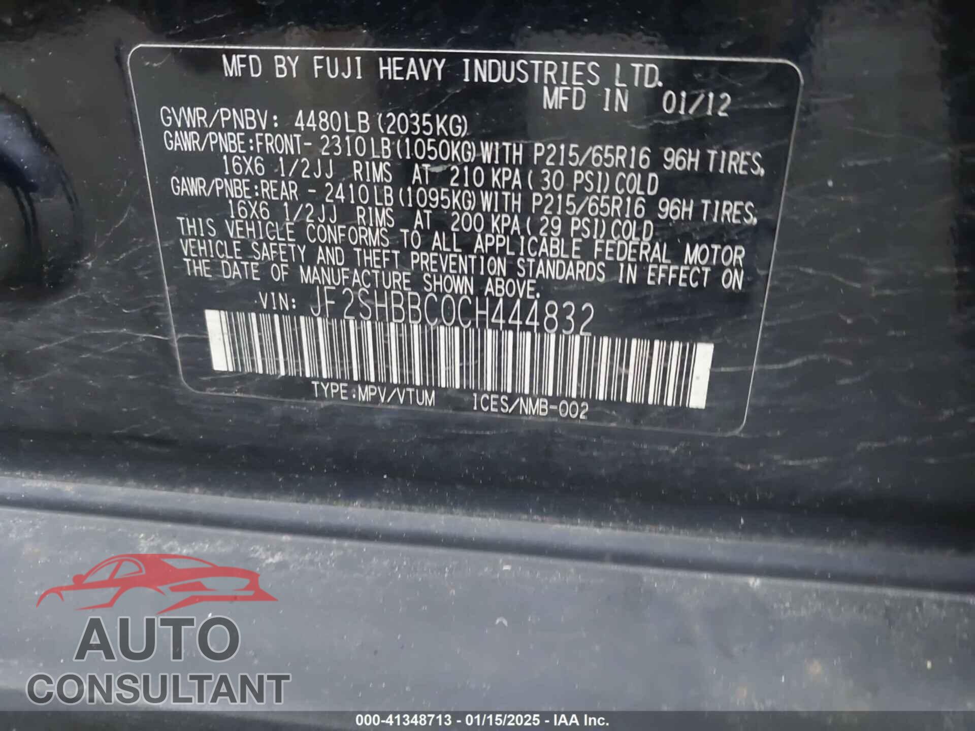 SUBARU FORESTER 2012 - JF2SHBBC0CH444832