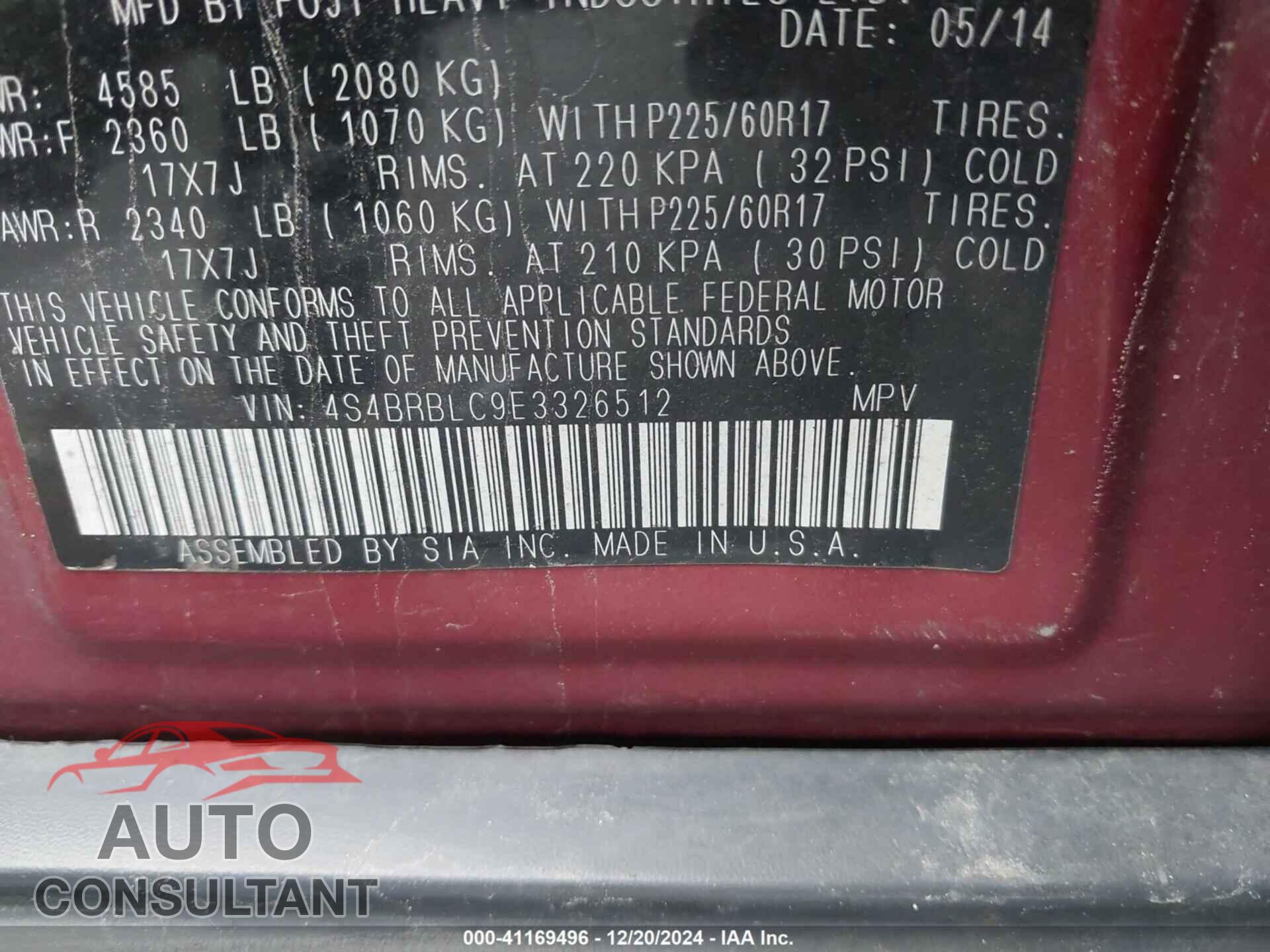 SUBARU OUTBACK 2014 - 4S4BRBLC9E3326512