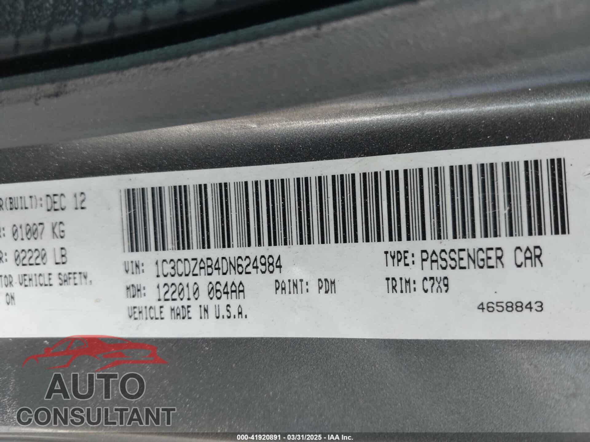 DODGE AVENGER 2013 - 1C3CDZAB4DN624984