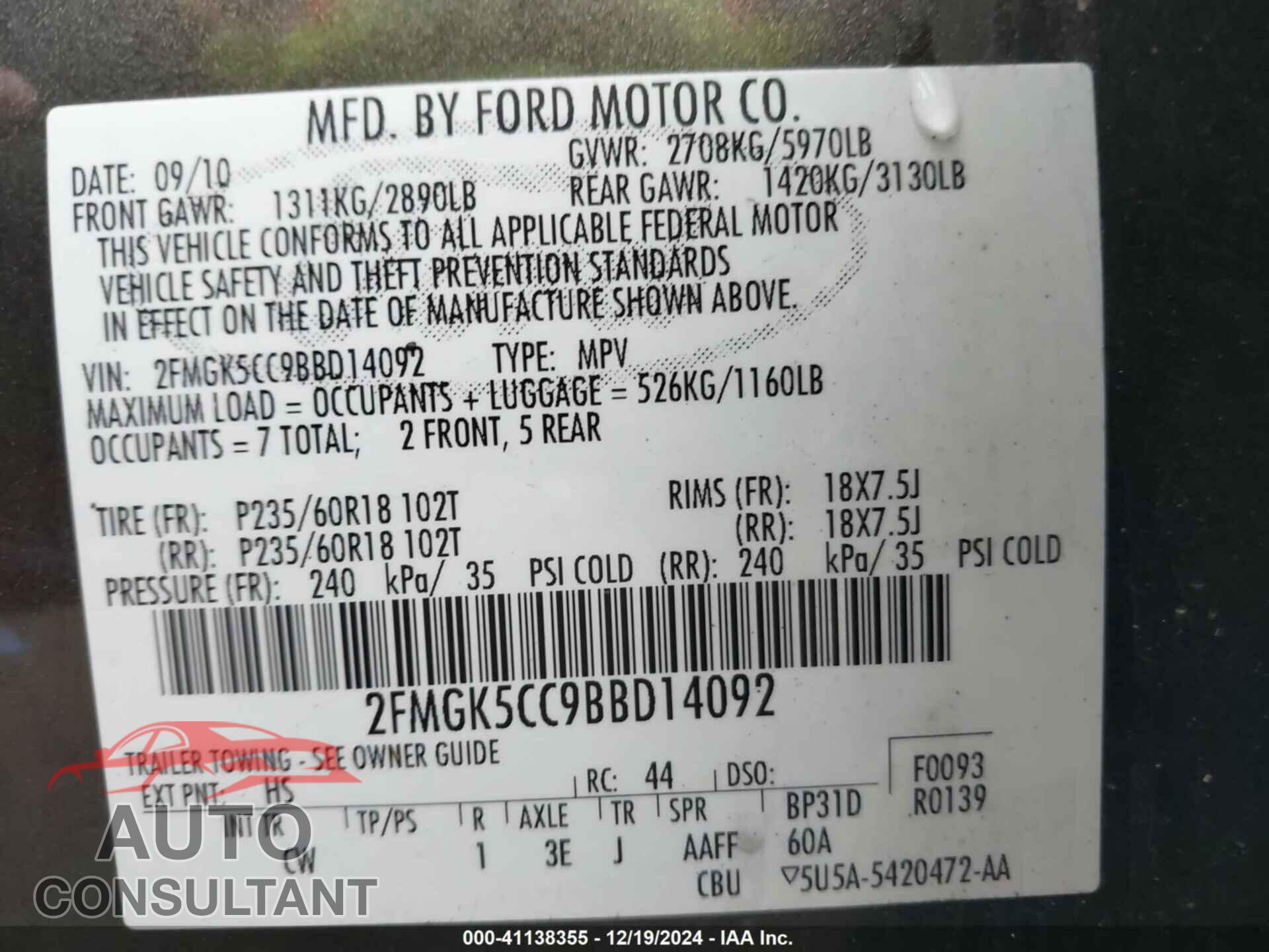 FORD FLEX 2011 - 2FMGK5CC9BBD14092