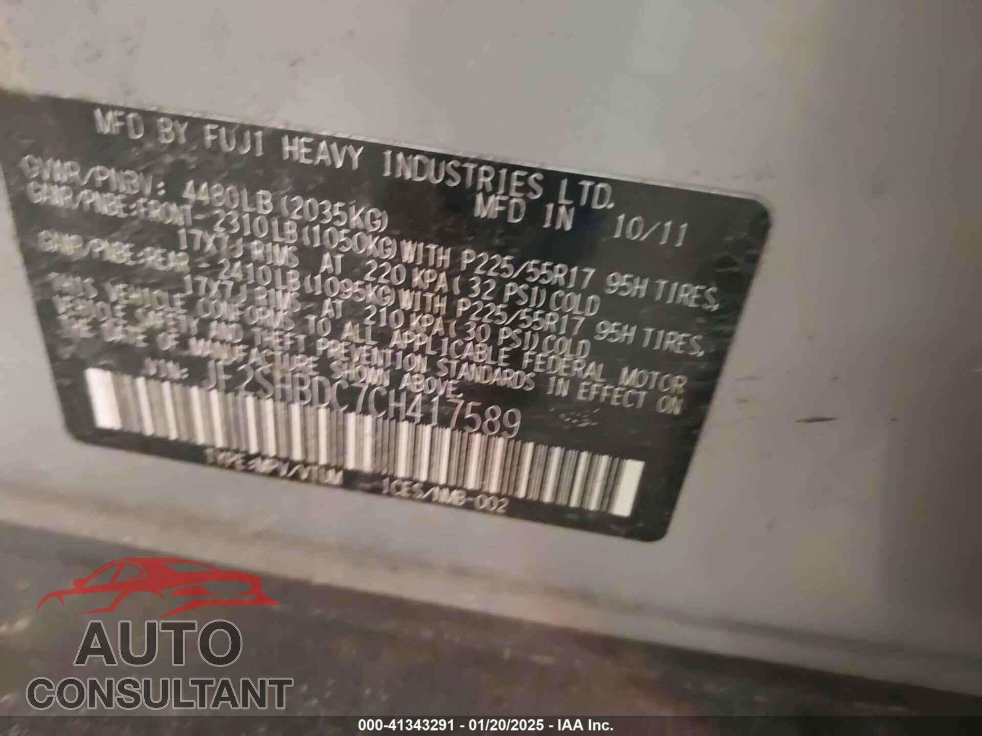 SUBARU FORESTER 2012 - JF2SHBDC7CH417589