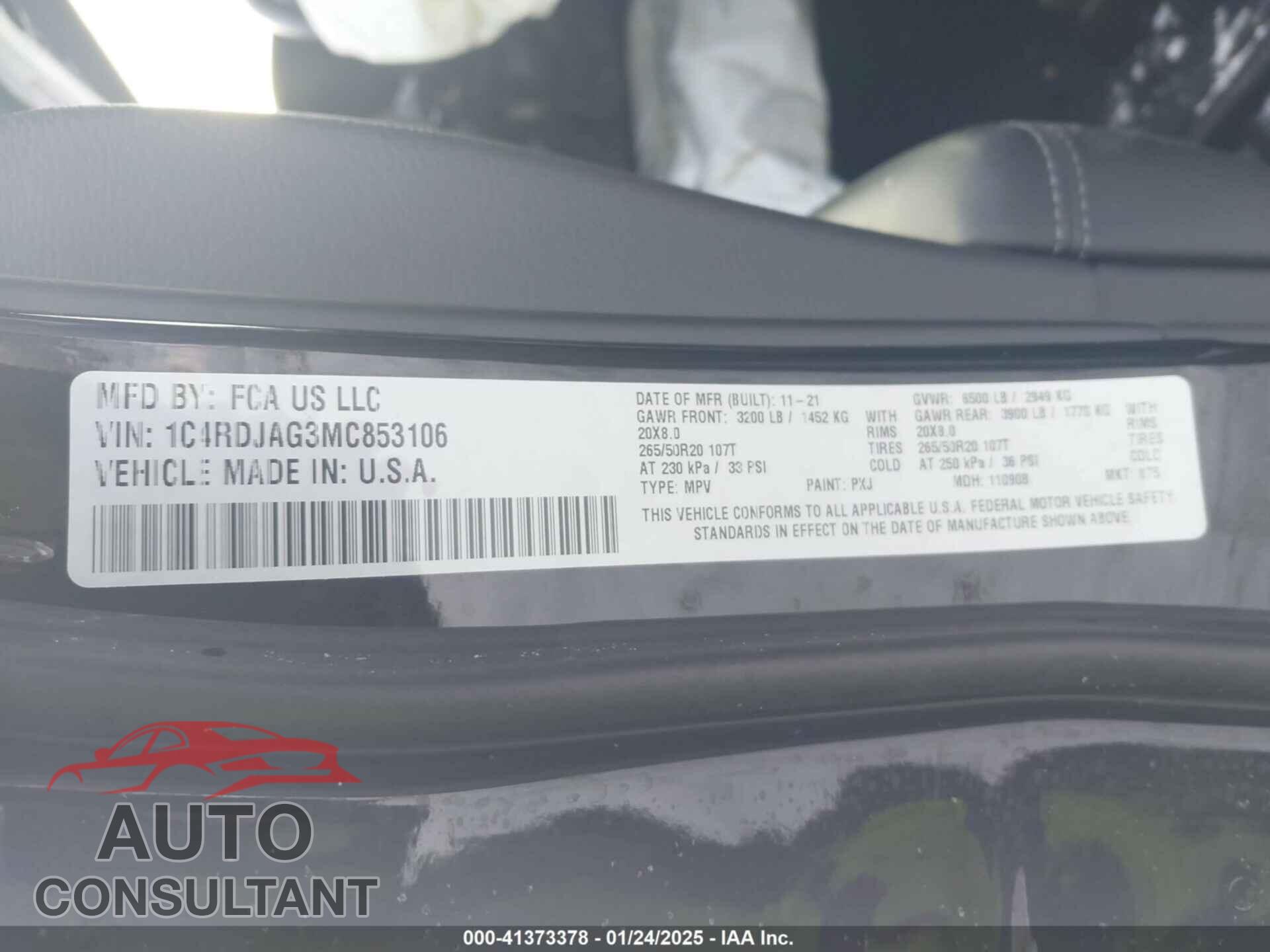 DODGE DURANGO 2021 - 1C4RDJAG3MC853106