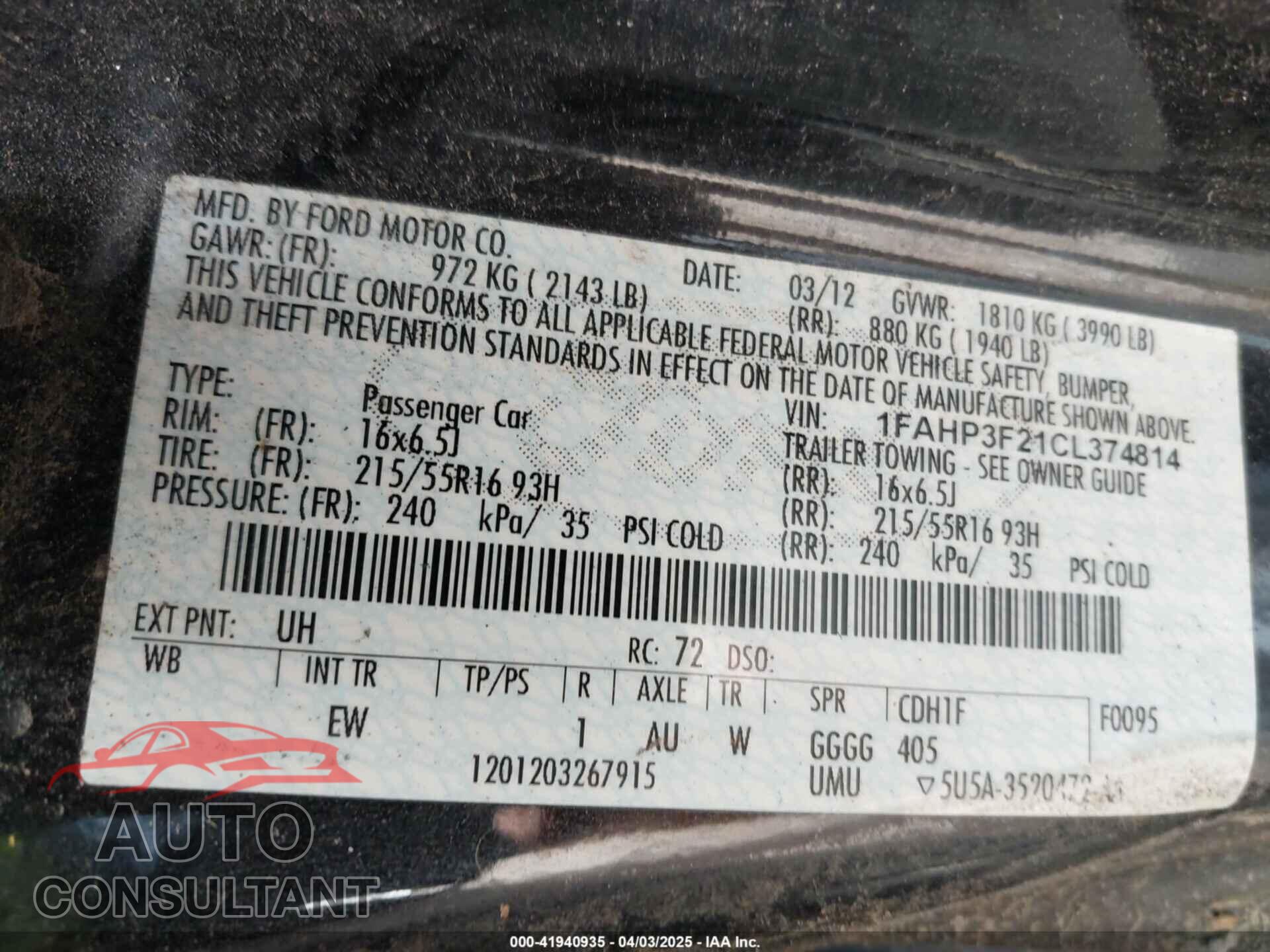 FORD FOCUS 2012 - 1FAHP3F21CL374814