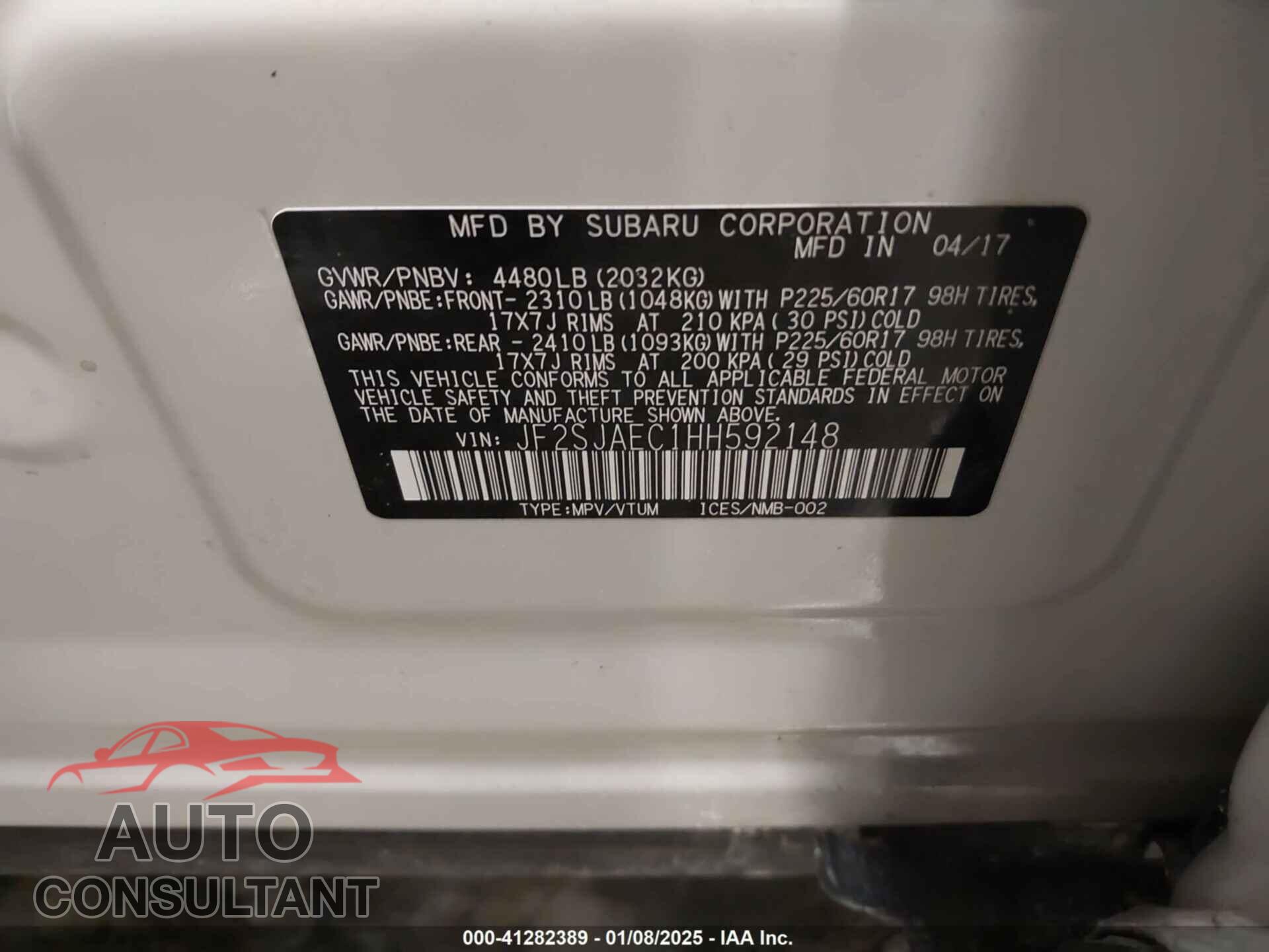 SUBARU FORESTER 2017 - JF2SJAEC1HH592148