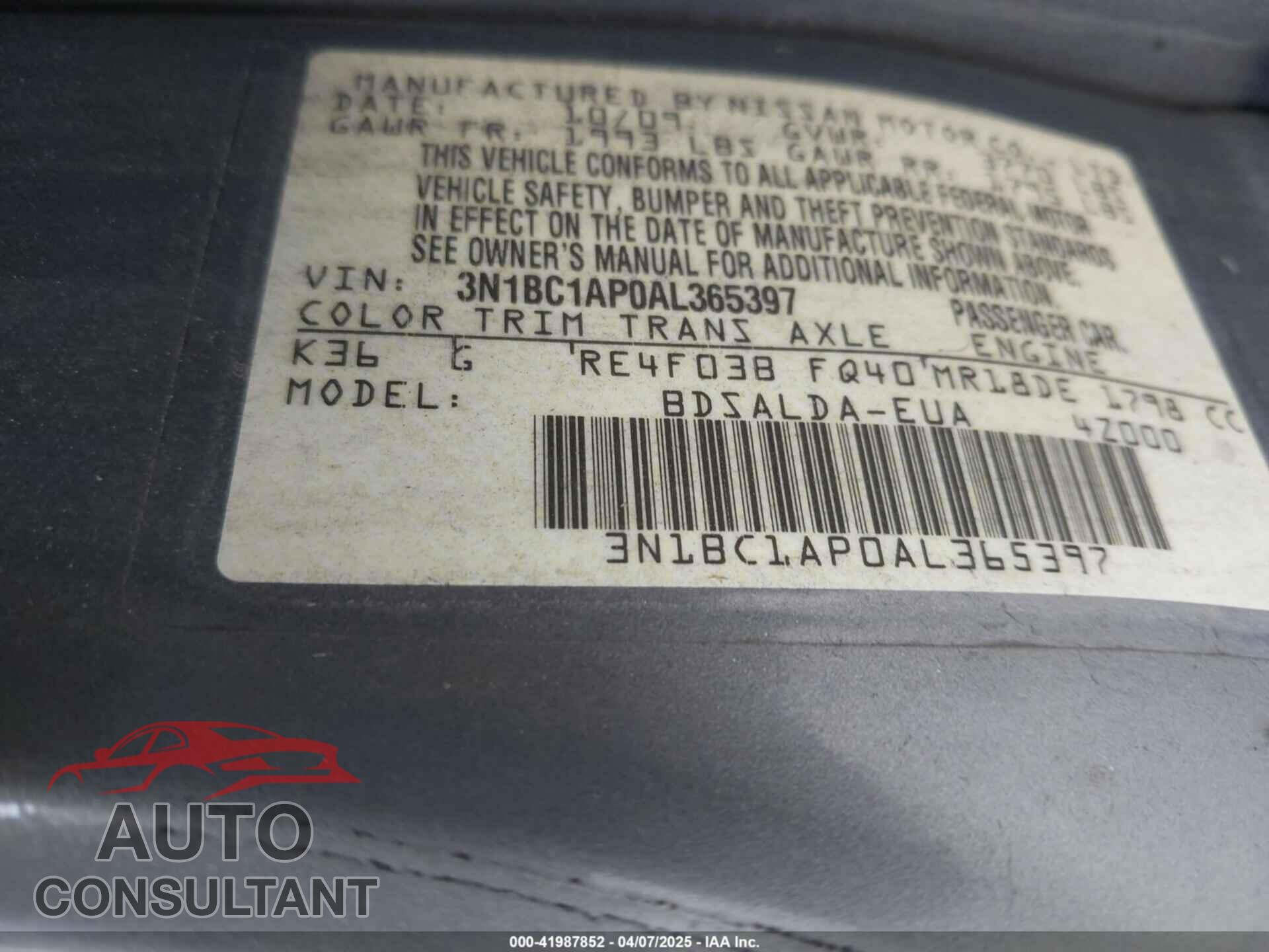 NISSAN VERSA 2010 - 3N1BC1AP0AL365397