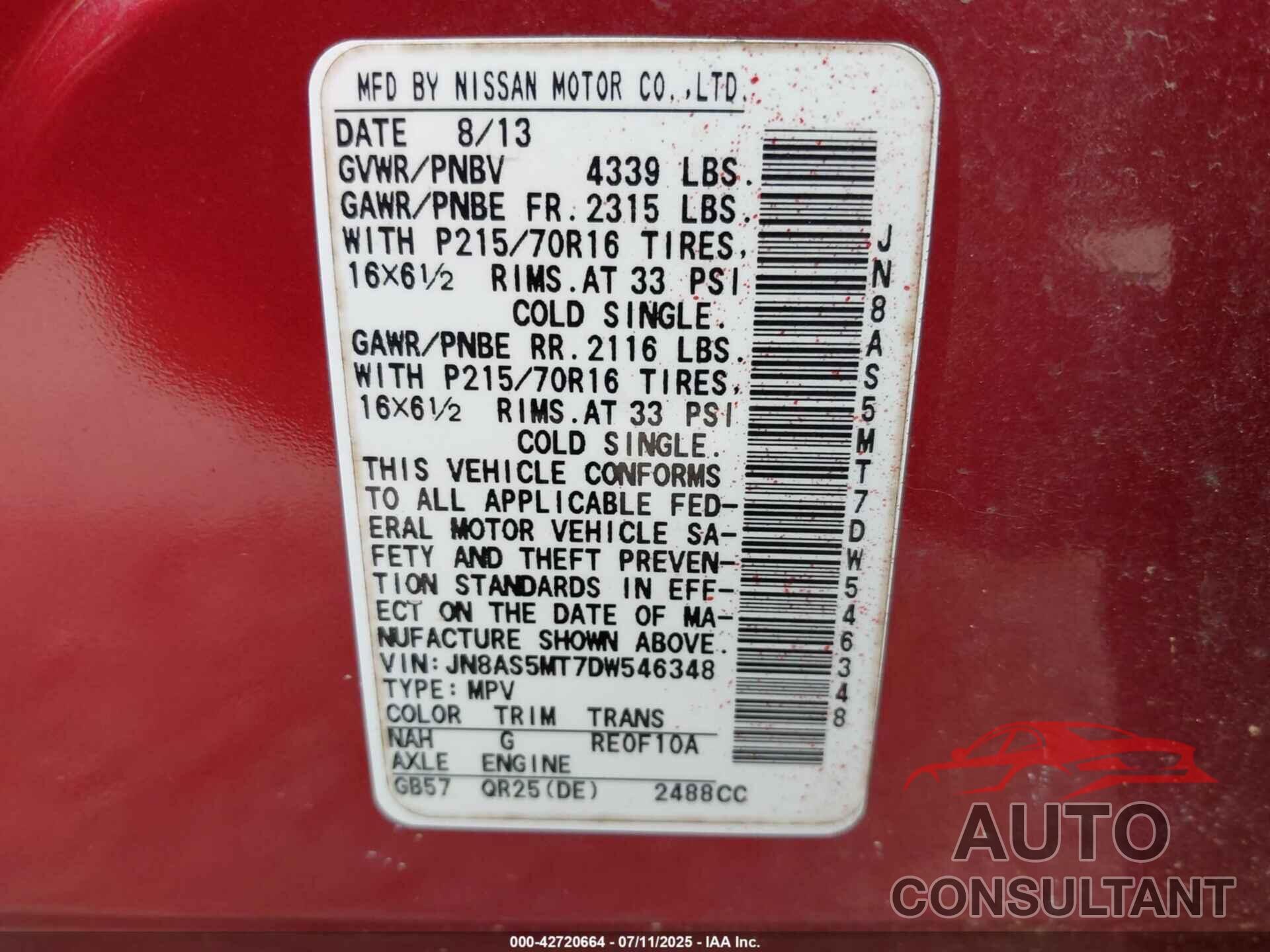 NISSAN ROGUE 2013 - JN8AS5MT7DW546348