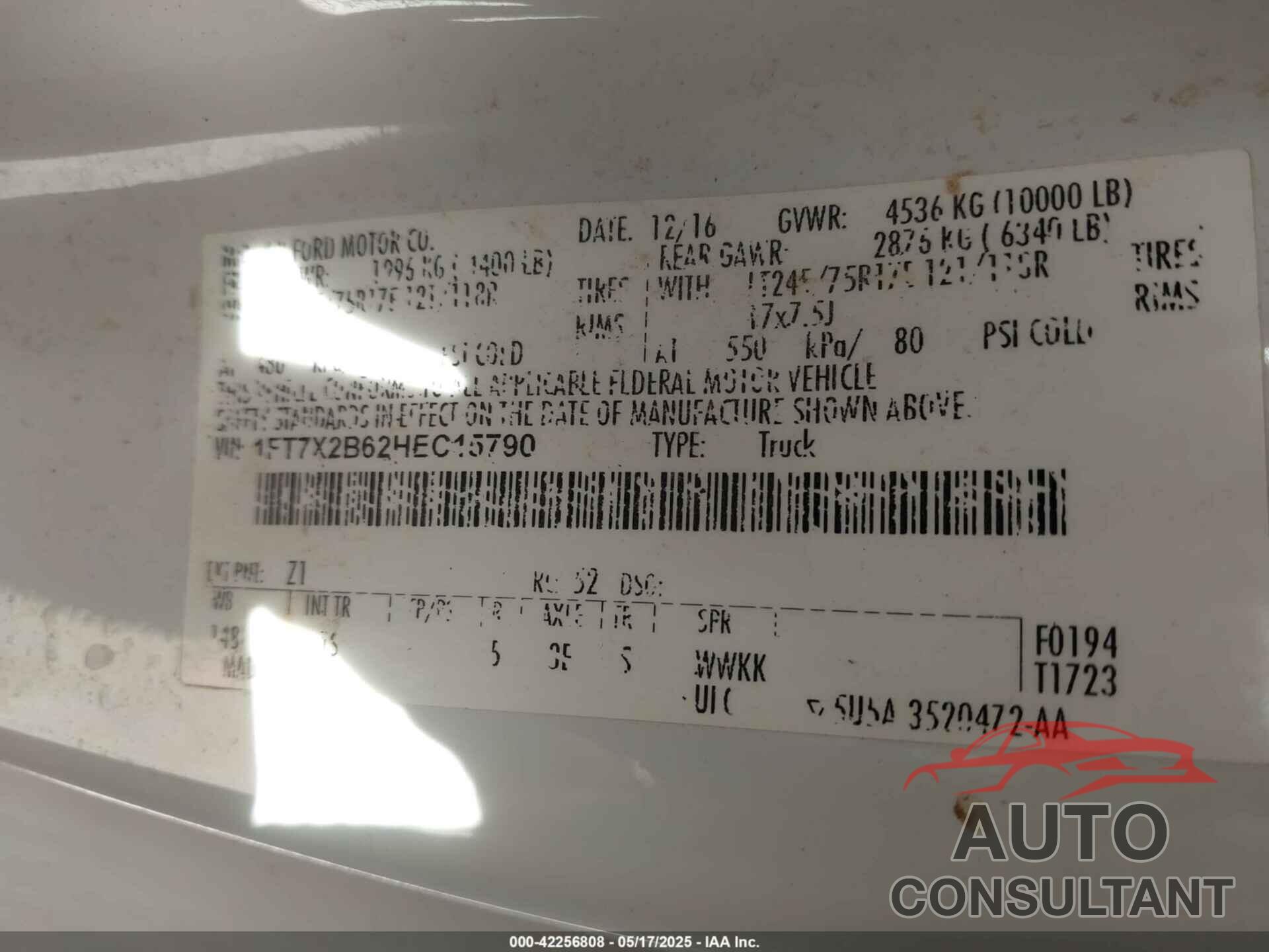 FORD F-250 2017 - 1FT7X2B62HEC15790