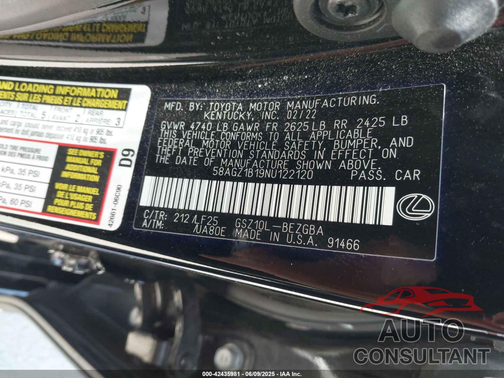 LEXUS ES 350 2022 - 58AGZ1B19NU122120