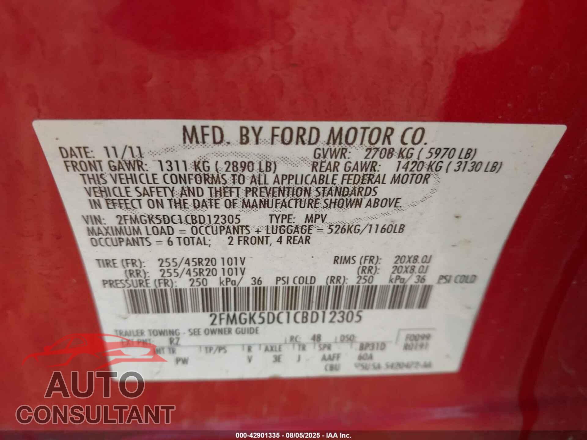 FORD FLEX 2012 - 2FMGK5DC1CBD12305