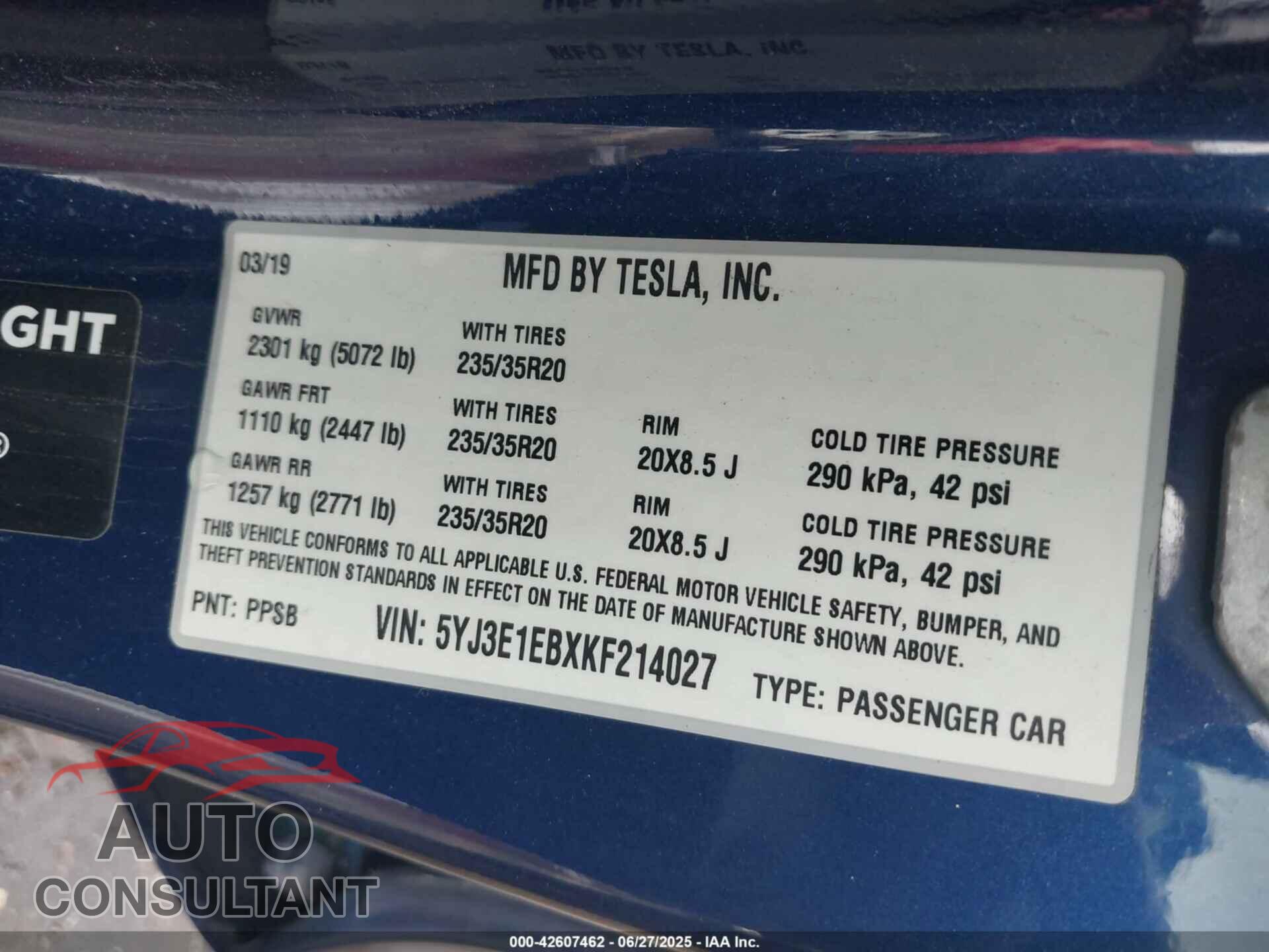 TESLA MODEL 3 2019 - 5YJ3E1EBXKF214027