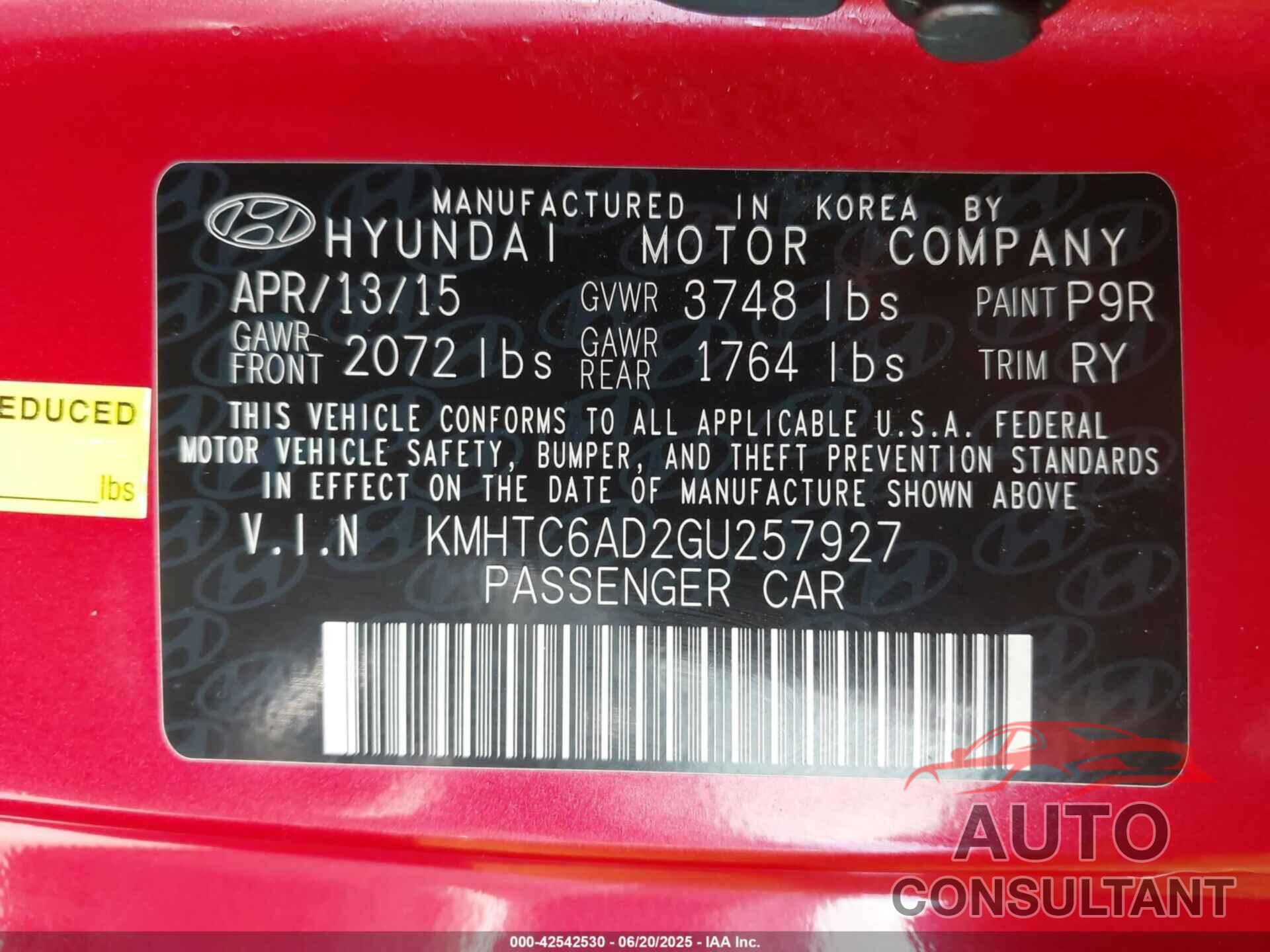 HYUNDAI VELOSTER 2016 - KMHTC6AD2GU257927