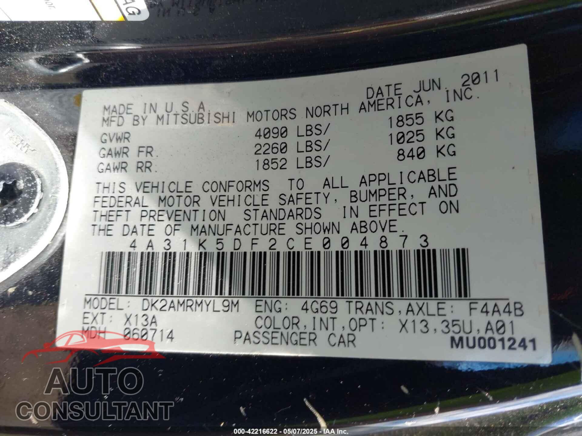 MITSUBISHI ECLIPSE 2012 - 4A31K5DF2CE004873
