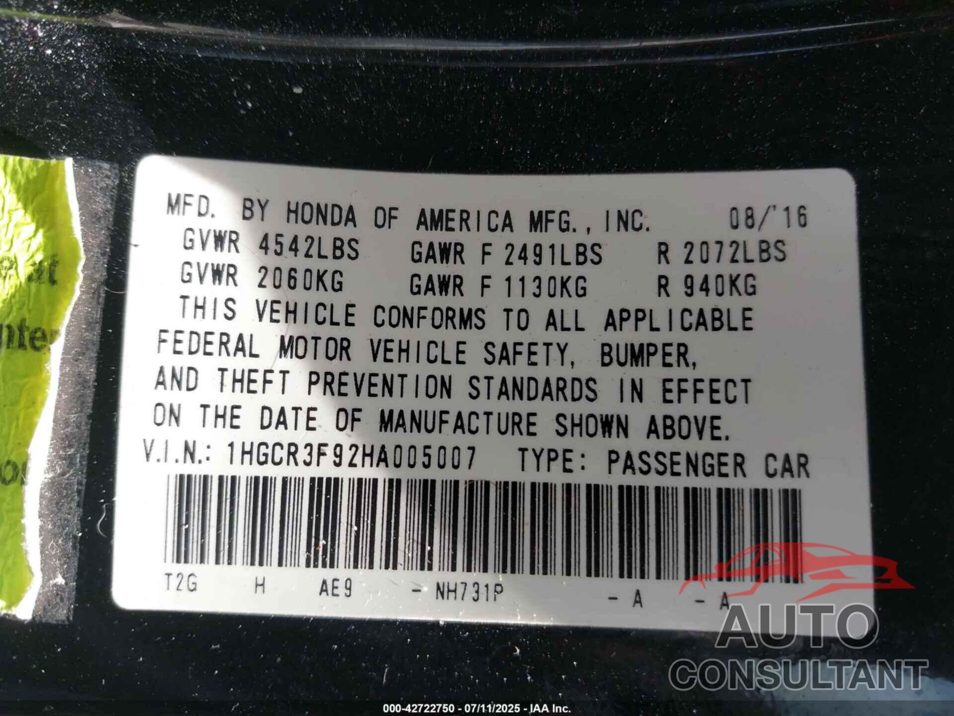 HONDA ACCORD 2017 - 1HGCR3F92HA005007