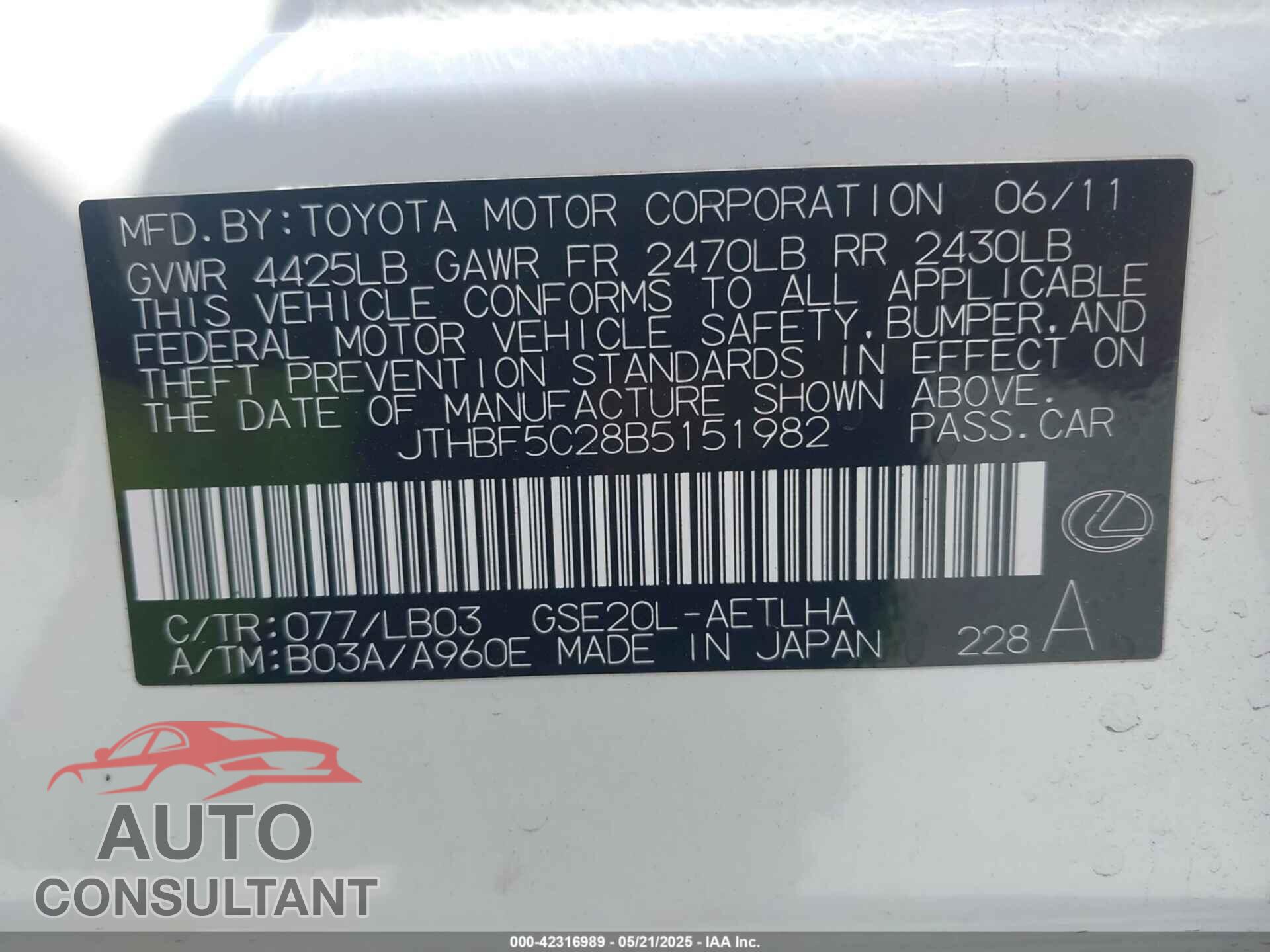 LEXUS IS 250 2011 - JTHBF5C28B5151982