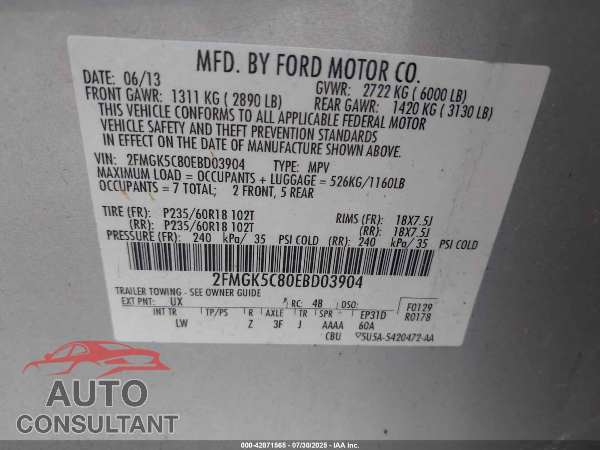 FORD FLEX 2014 - 2FMGK5C80EBD03904