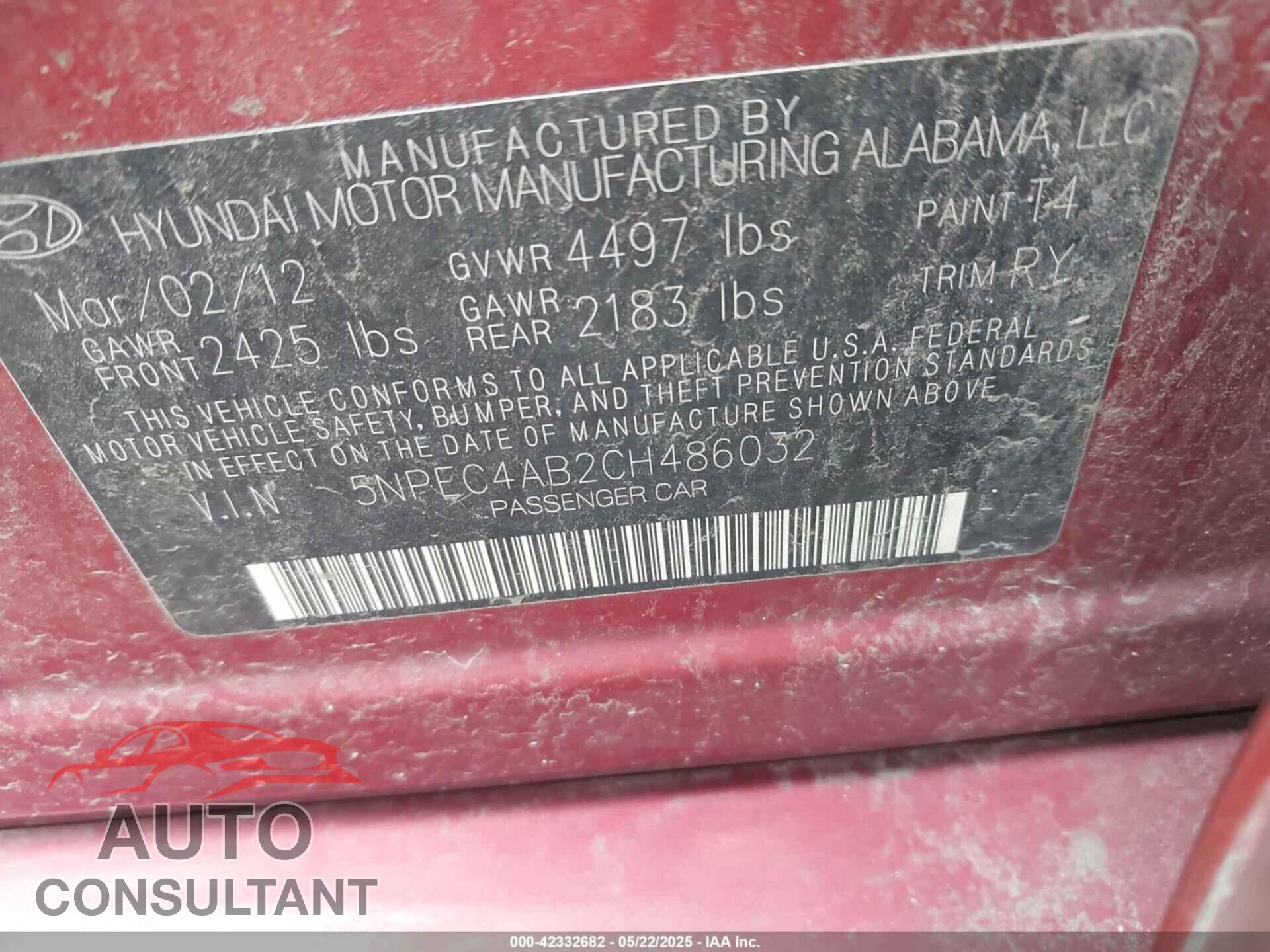HYUNDAI SONATA 2012 - 5NPEC4AB2CH486032