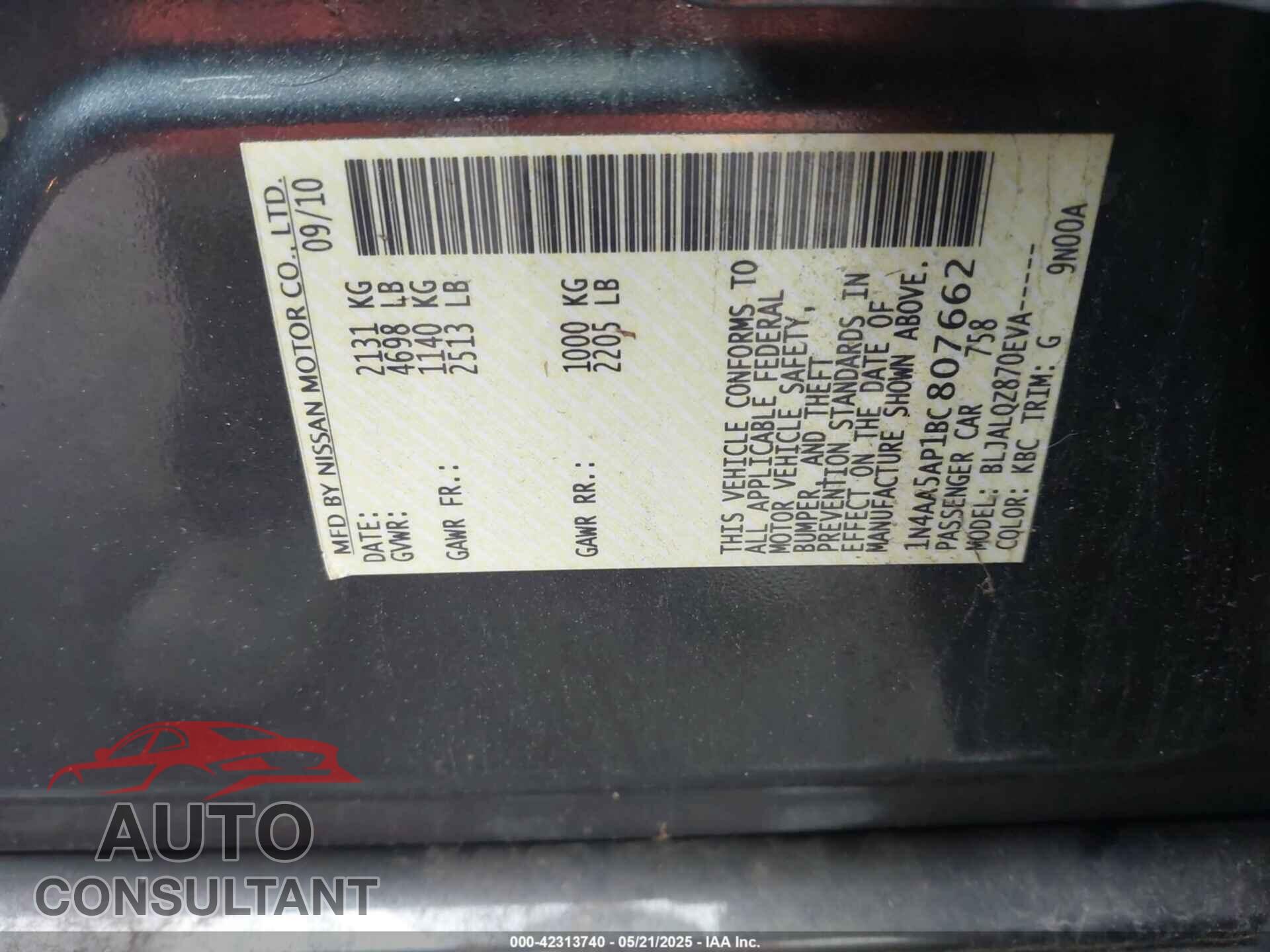 NISSAN MAXIMA 2011 - 1N4AA5AP1BC807662