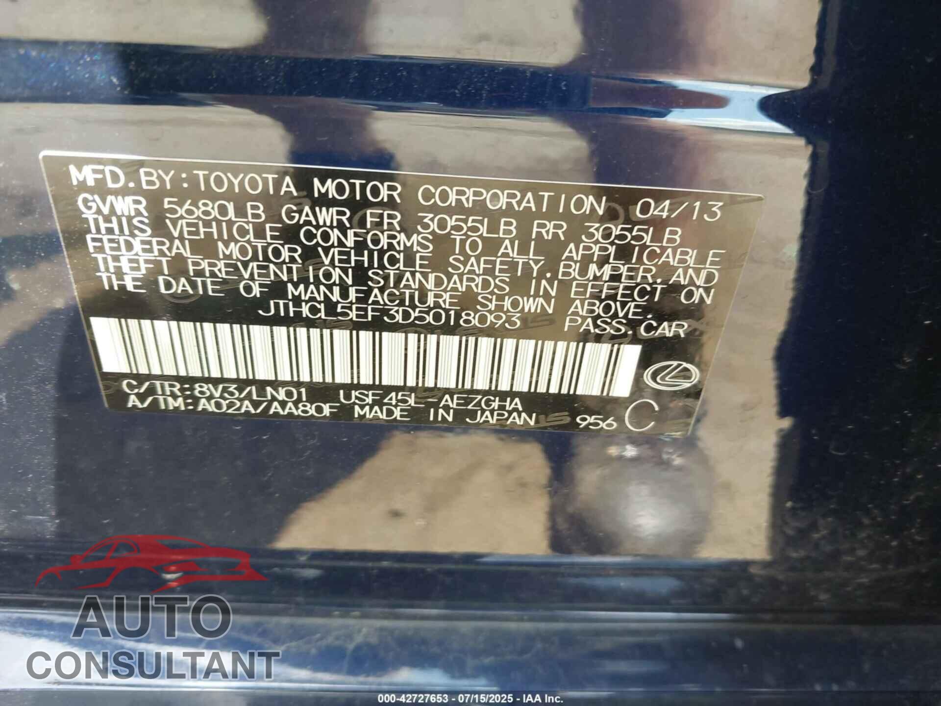 LEXUS LS 460 2013 - JTHCL5EF3D5018093