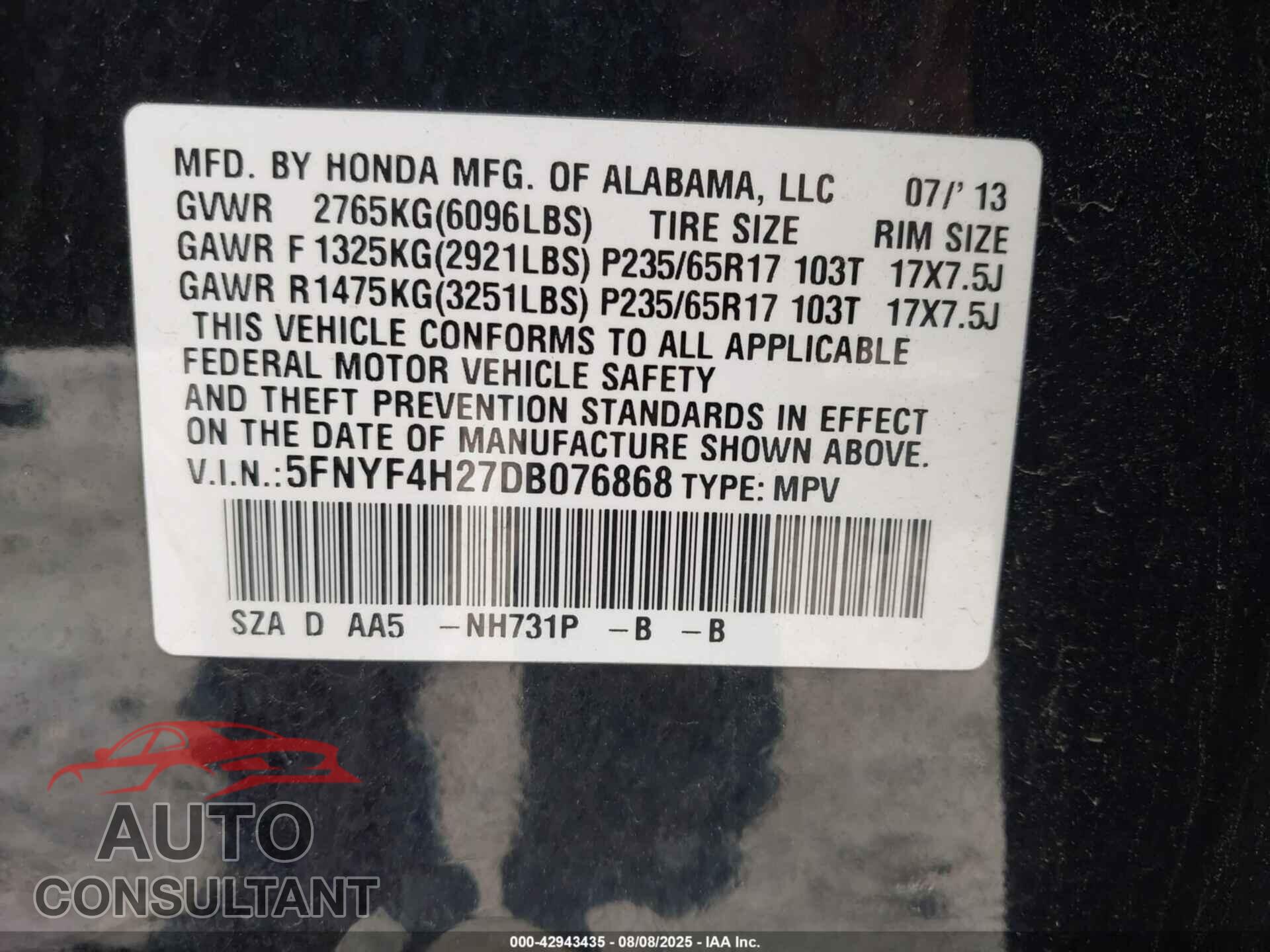 HONDA PILOT 2013 - 5FNYF4H27DB076868