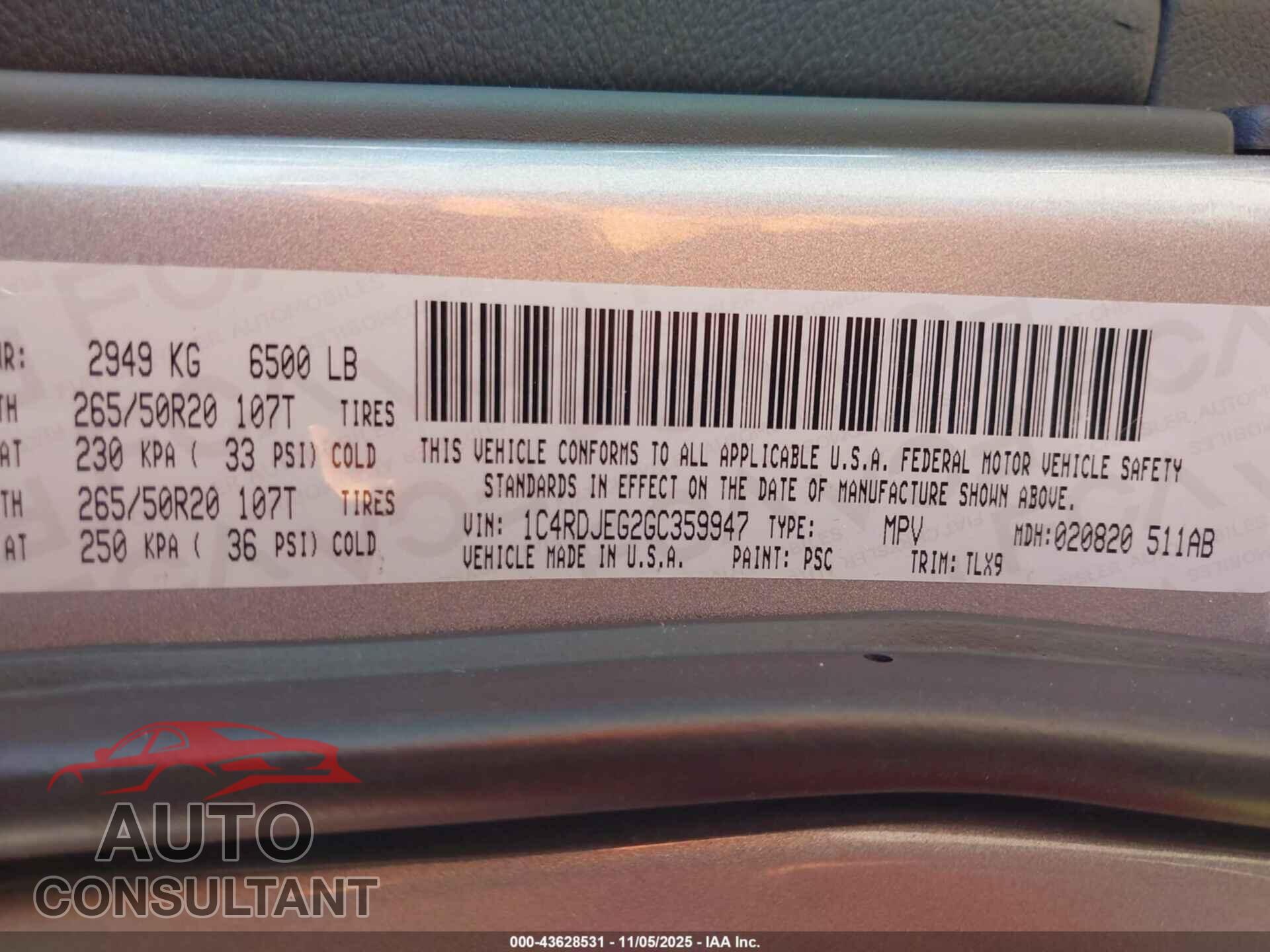 DODGE DURANGO 2016 - 1C4RDJEG2GC359947
