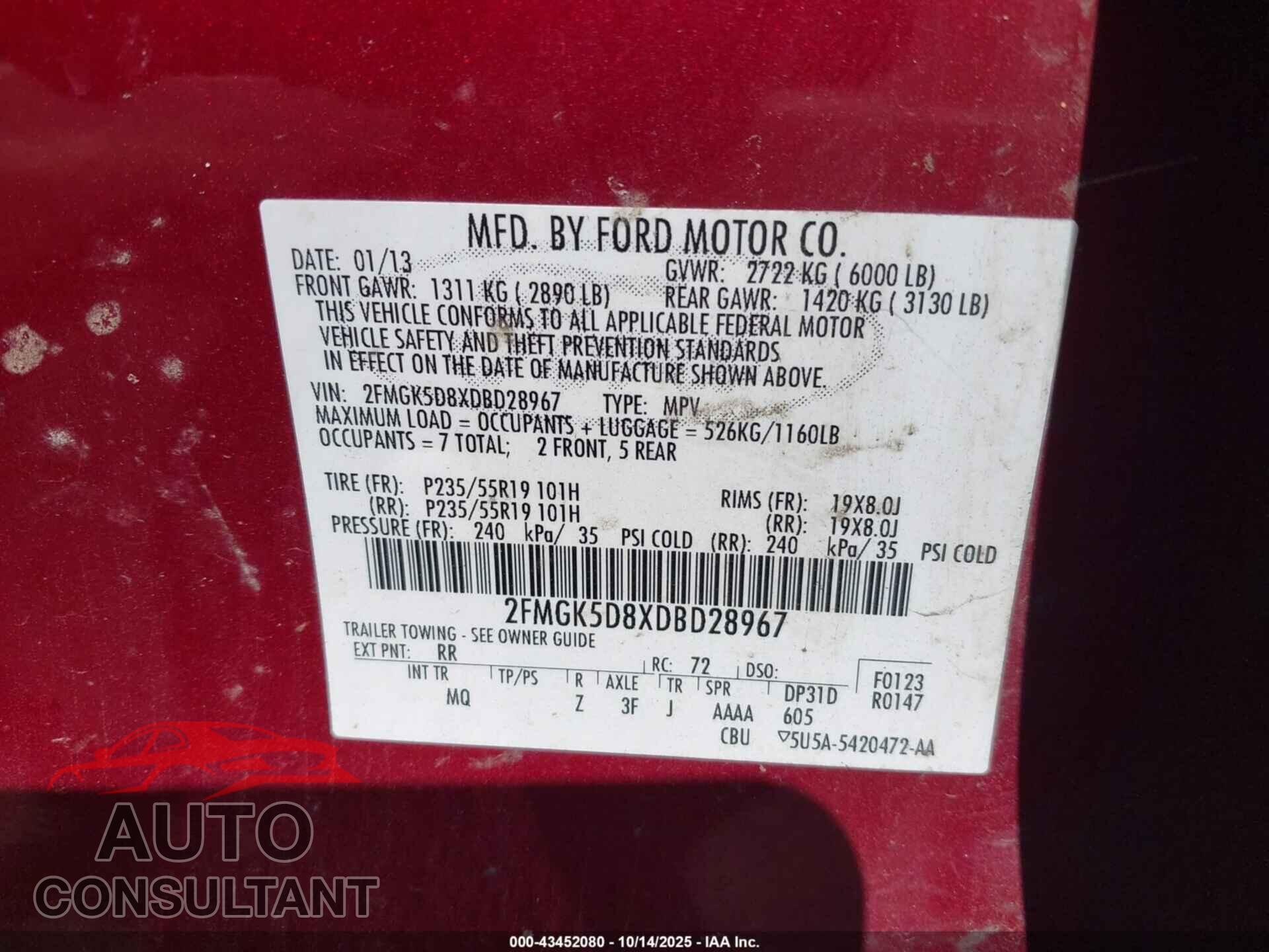 FORD FLEX 2013 - 2FMGK5D8XDBD28967