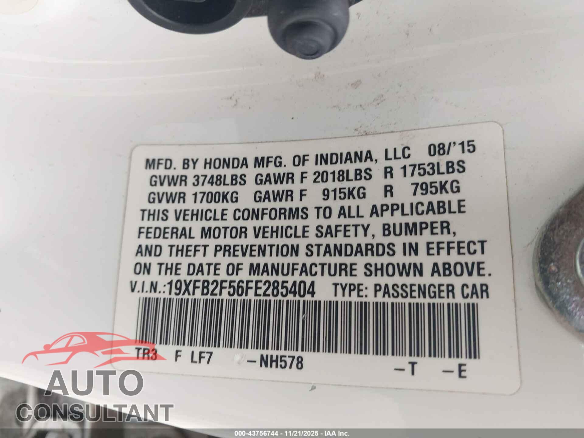 HONDA CIVIC 2015 - 19XFB2F56FE285404