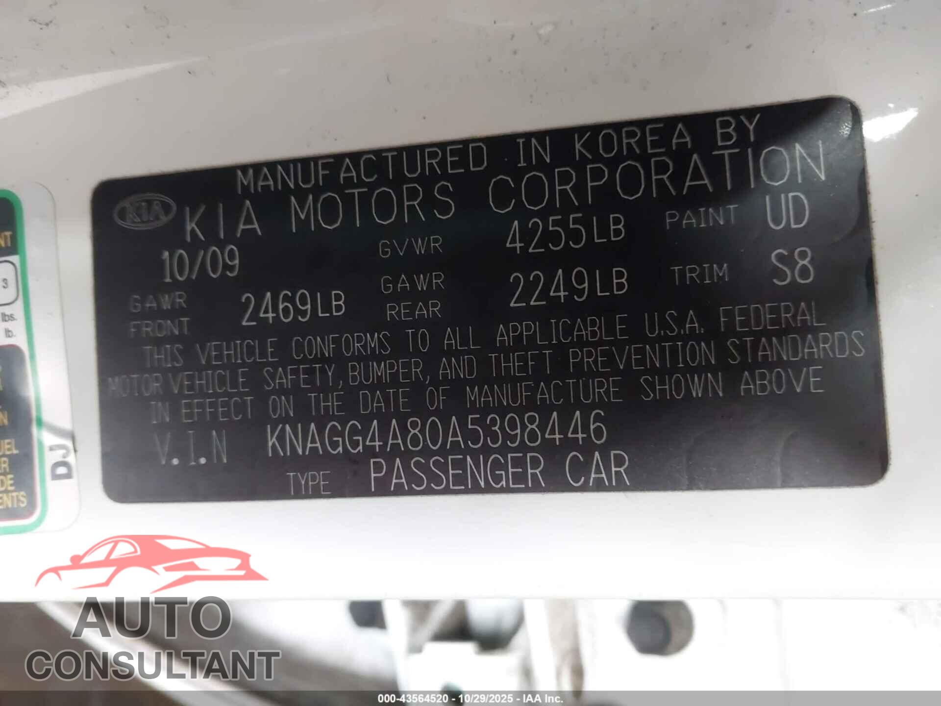 KIA OPTIMA 2010 - KNAGG4A80A5398446