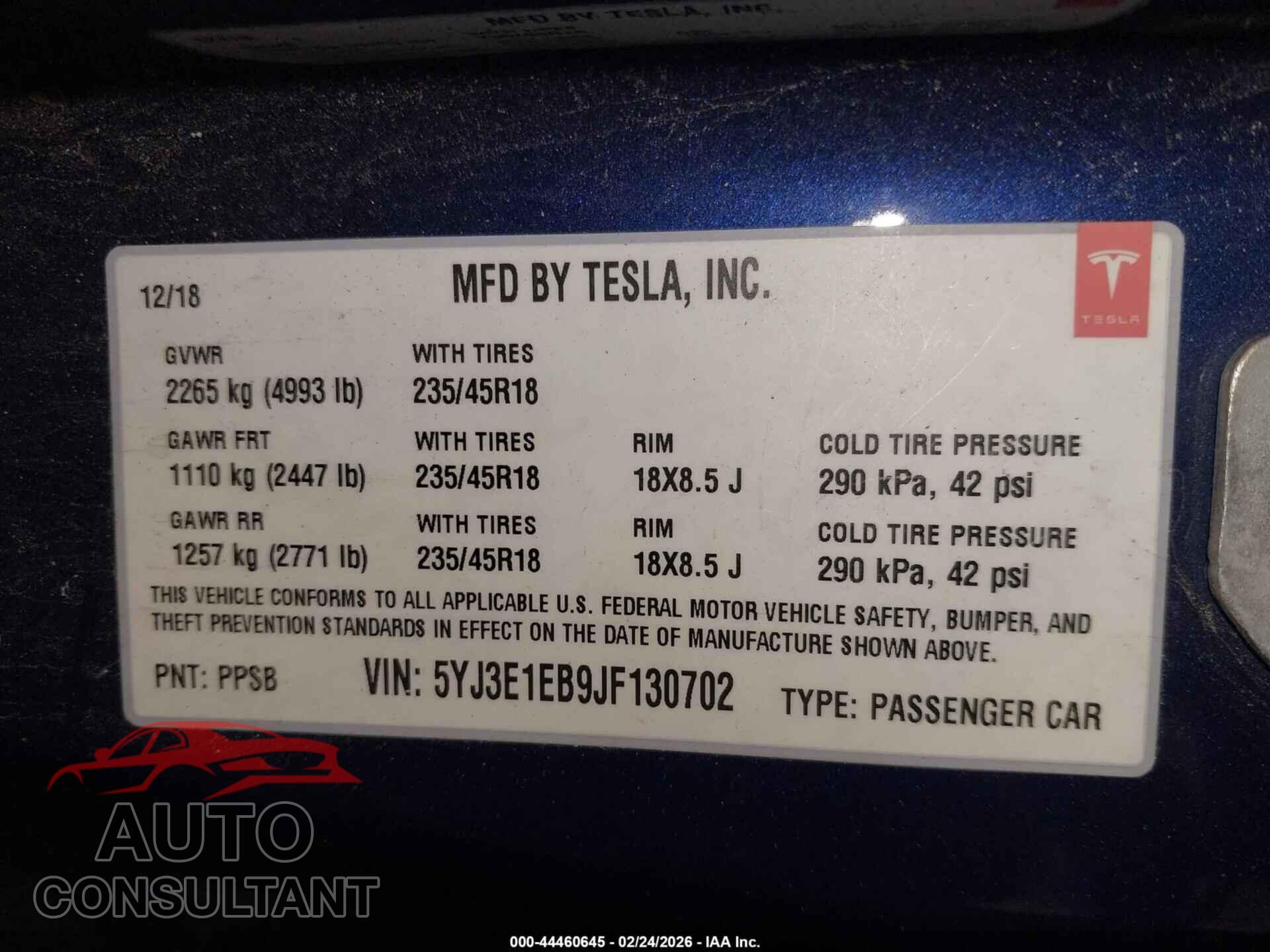 TESLA MODEL 3 2018 - 5YJ3E1EB9JF130702