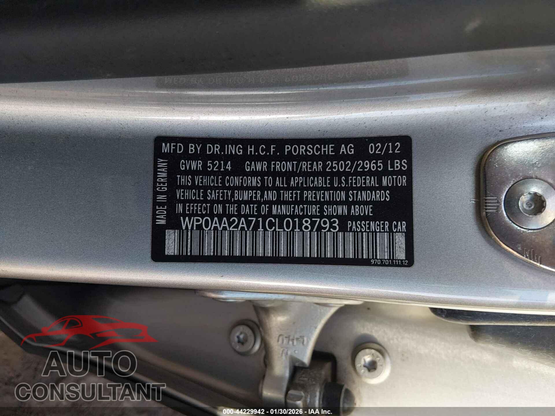 PORSCHE PANAMERA 2012 - WP0AA2A71CL018793