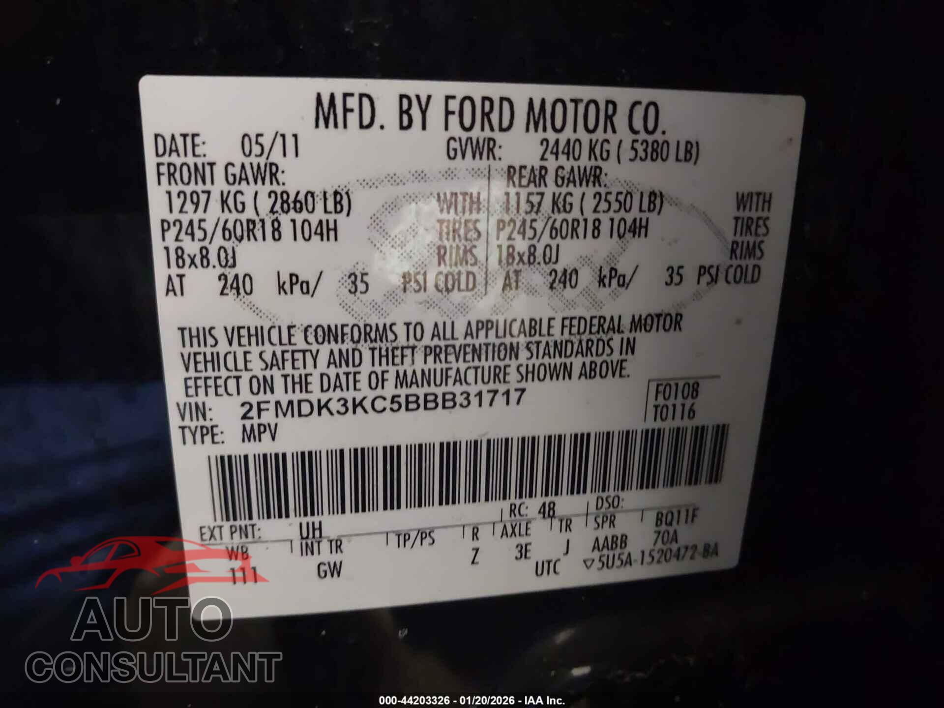 FORD EDGE 2011 - 2FMDK3KC5BBB31717