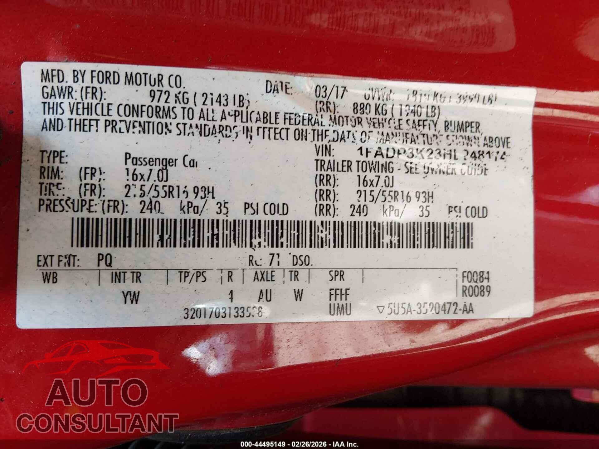 FORD FOCUS 2017 - 1FADP3K23HL248174
