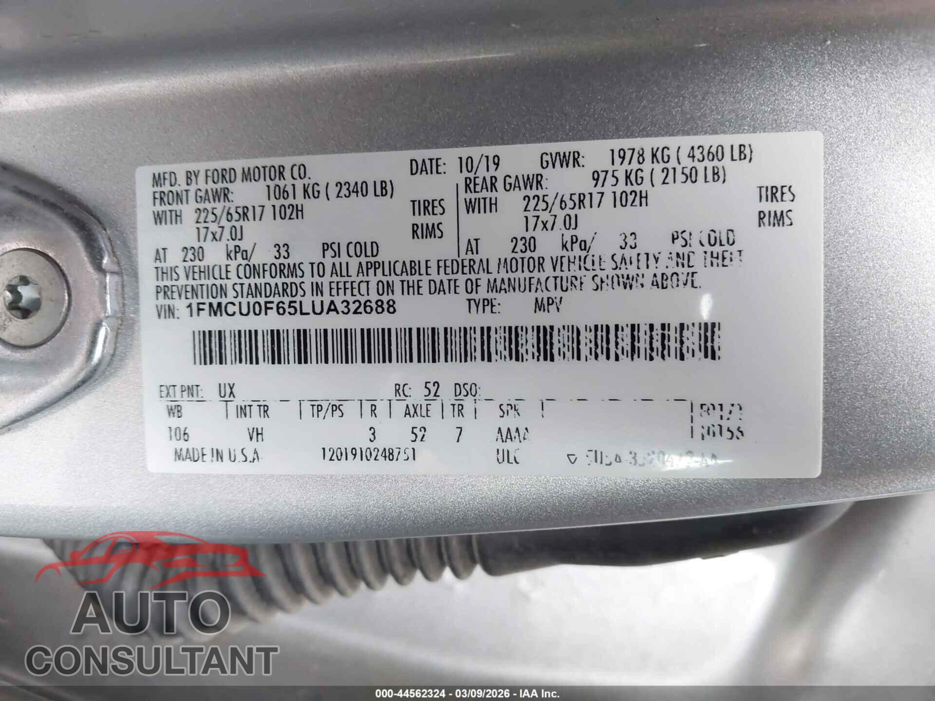 FORD ESCAPE 2020 - 1FMCU0F65LUA32688