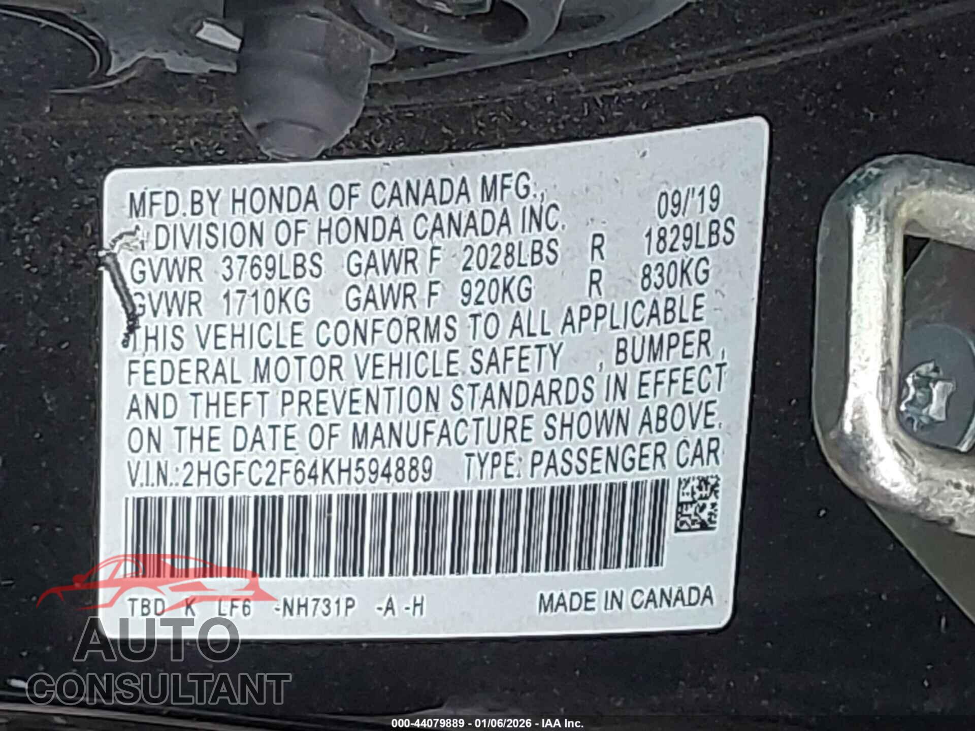 HONDA CIVIC 2019 - 2HGFC2F64KH594889