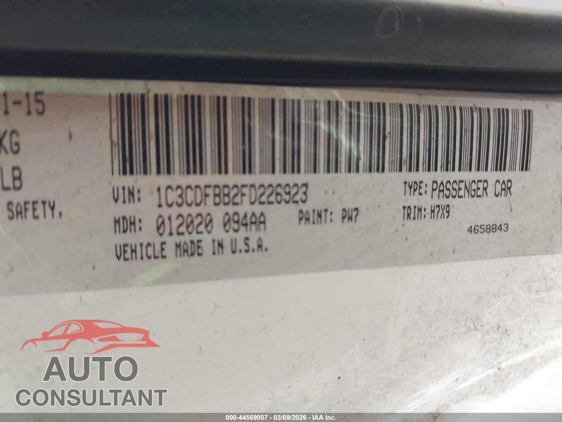 DODGE DART 2015 - 1C3CDFBB2FD226923