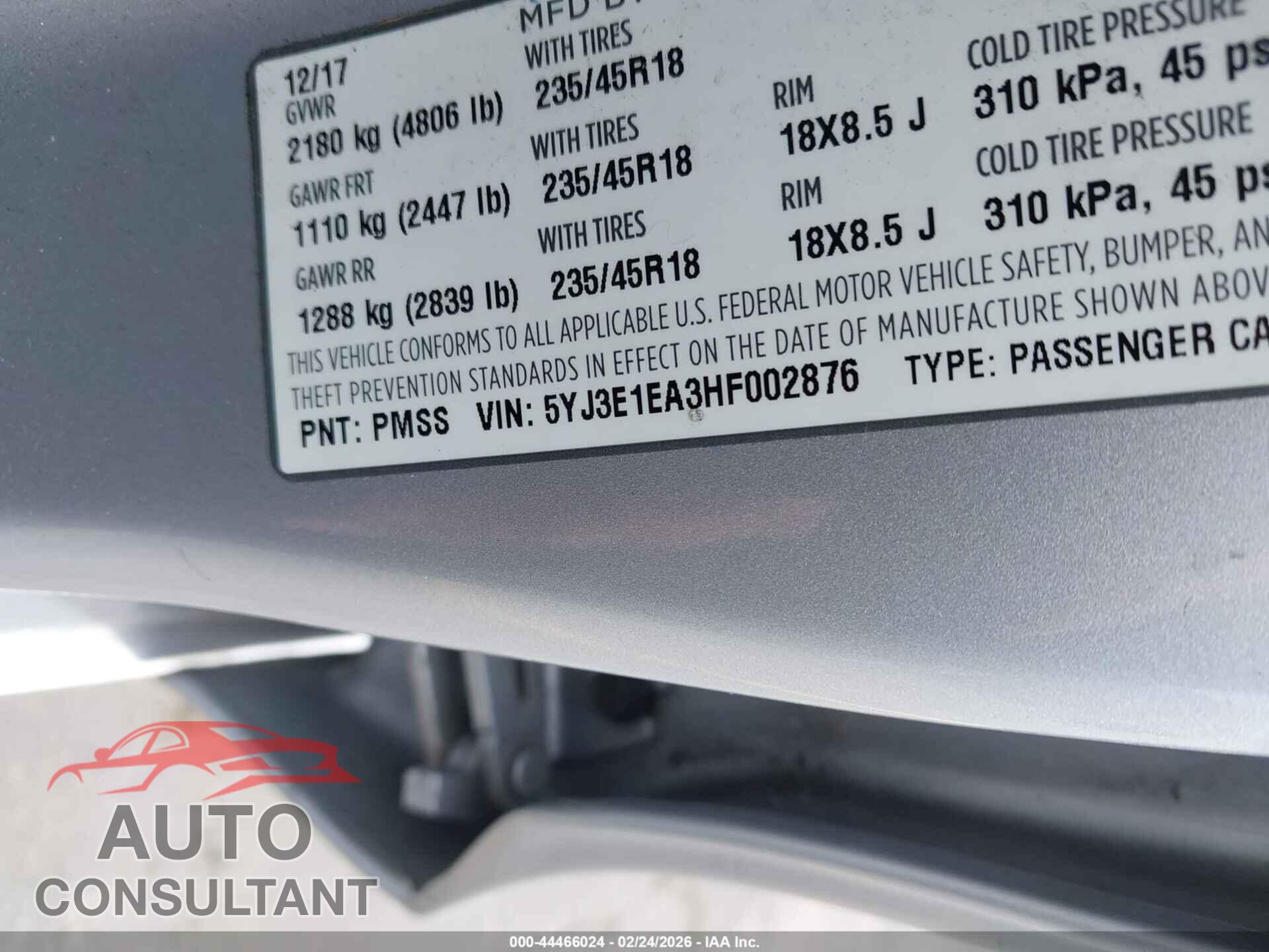 TESLA MODEL 3 2017 - 5YJ3E1EA3HF002876