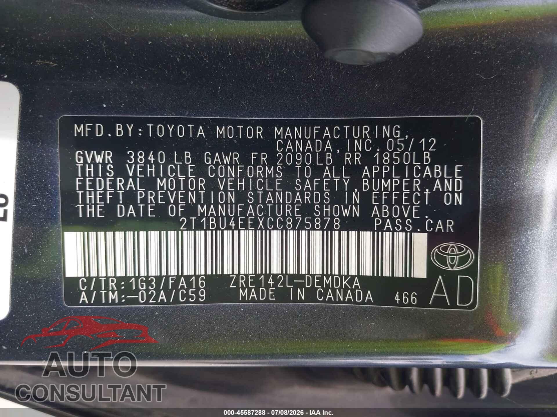 TOYOTA COROLLA 2012 - 2T1BU4EEXCC875878