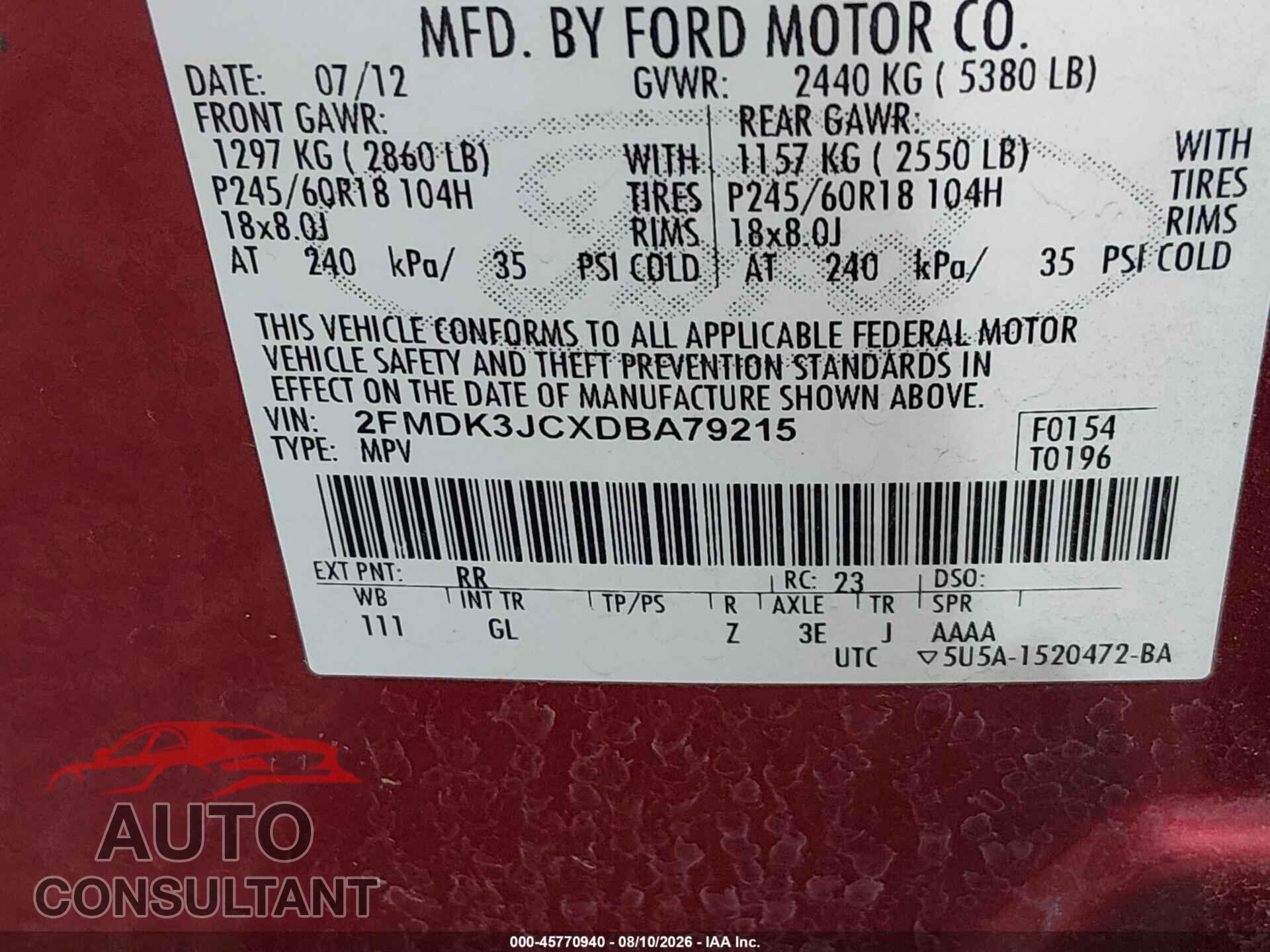 FORD EDGE 2013 - 2FMDK3JCXDBA79215