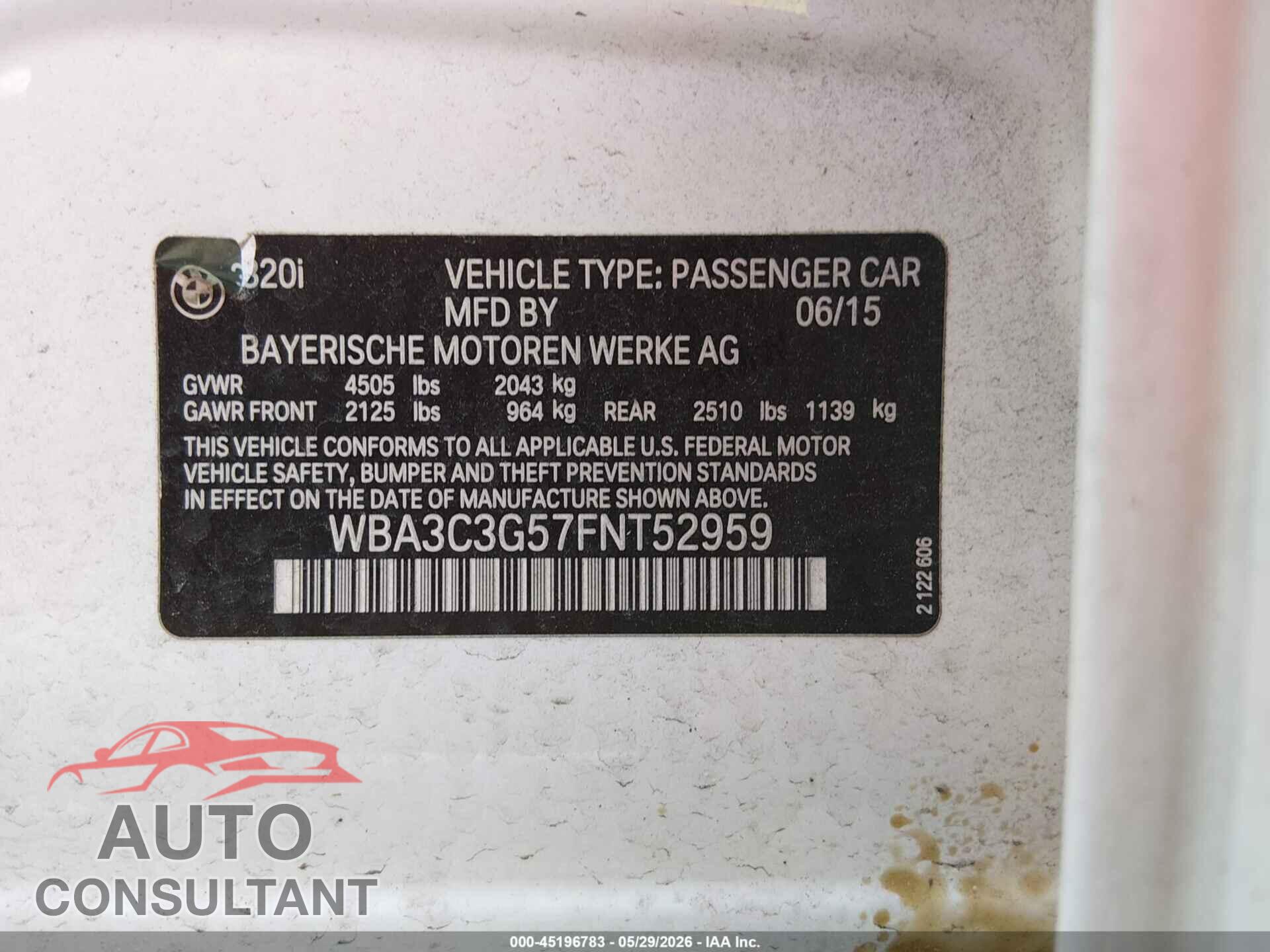 BMW 320I 2015 - WBA3C3G57FNT52959
