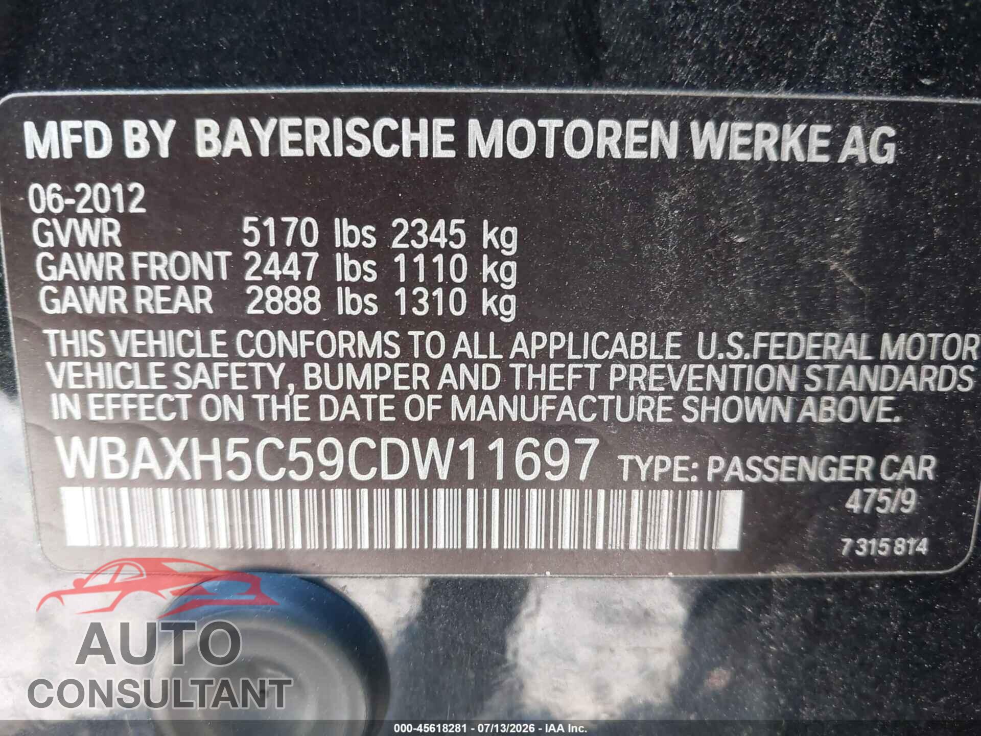 BMW 528I 2012 - WBAXH5C59CDW11697