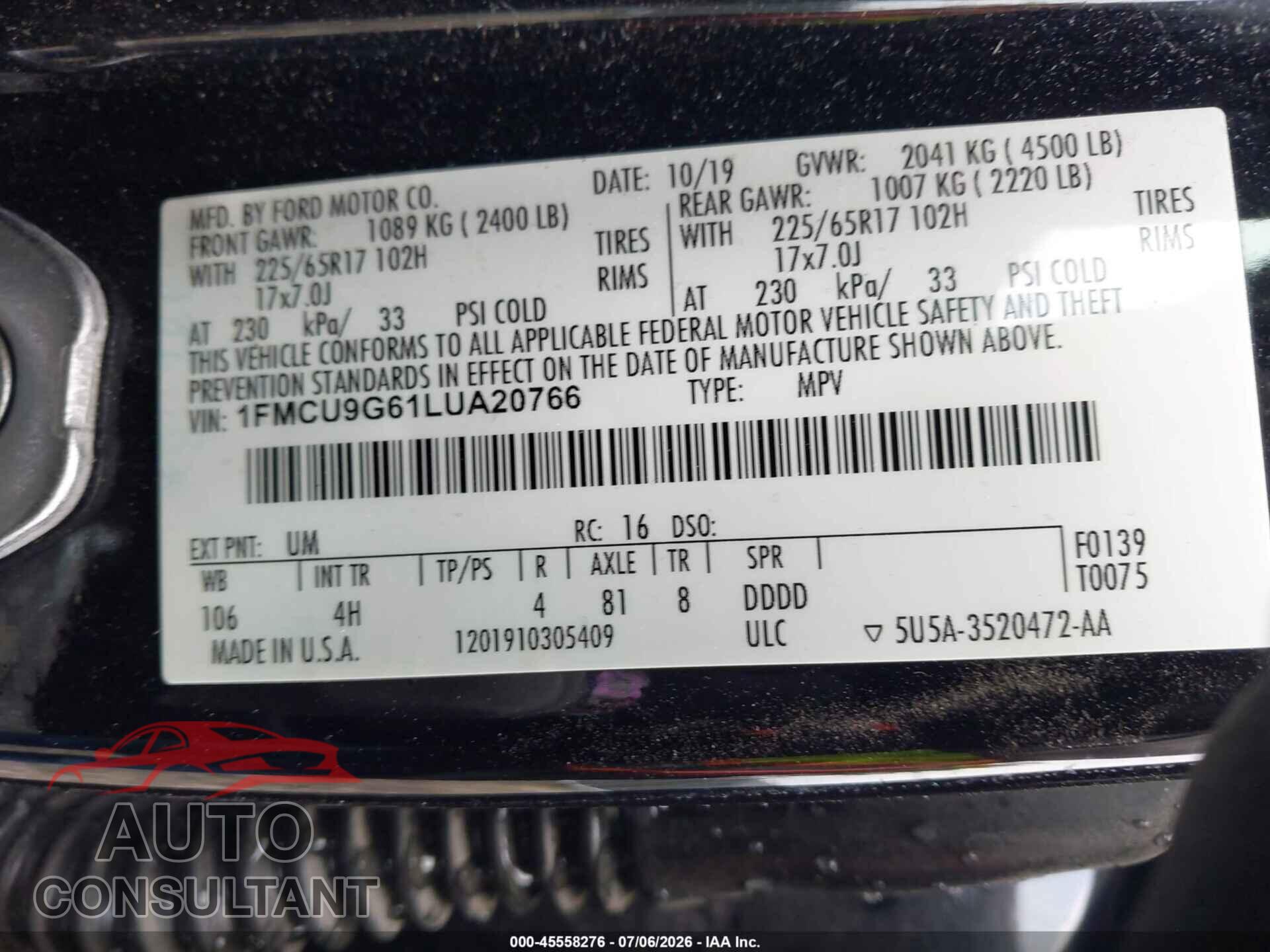 FORD ESCAPE 2020 - 1FMCU9G61LUA20766