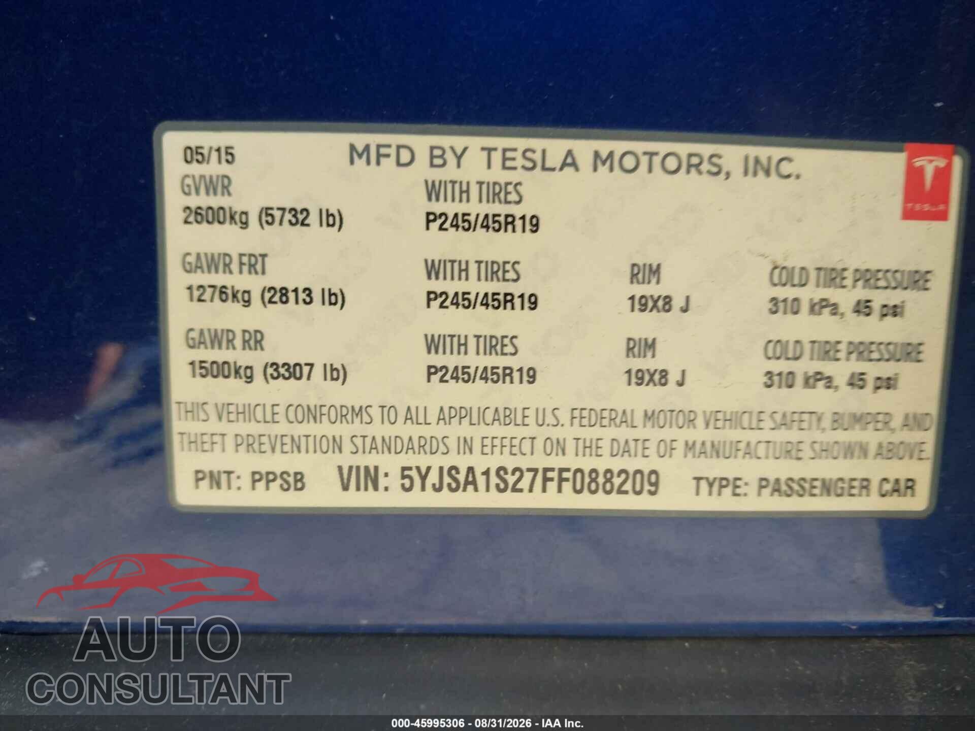 TESLA MODEL S 2015 - 5YJSA1S27FF088209