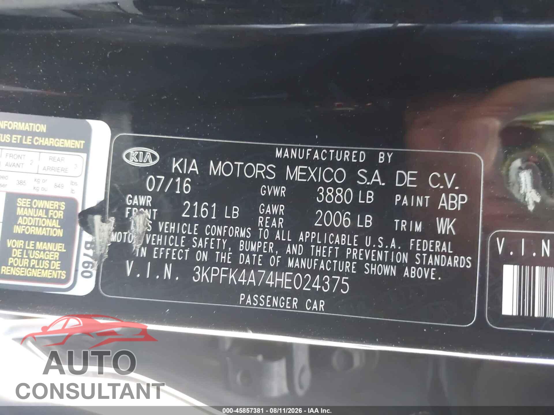 KIA FORTE 2017 - 3KPFK4A74HE024375