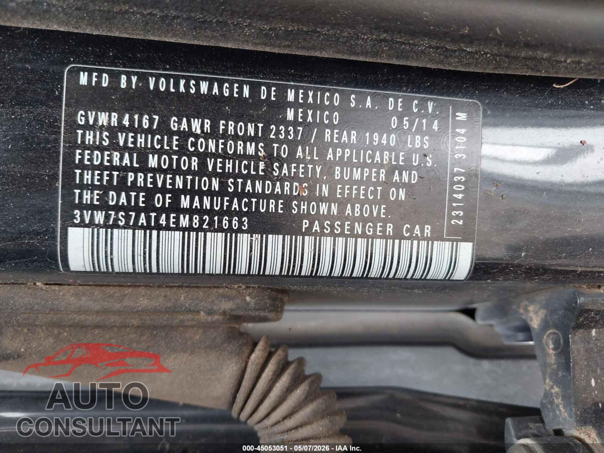 VOLKSWAGEN BEETLE 2014 - 3VW7S7AT4EM821663
